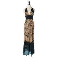 Backless evening chiffon dress with feather print Marchesa Notte 