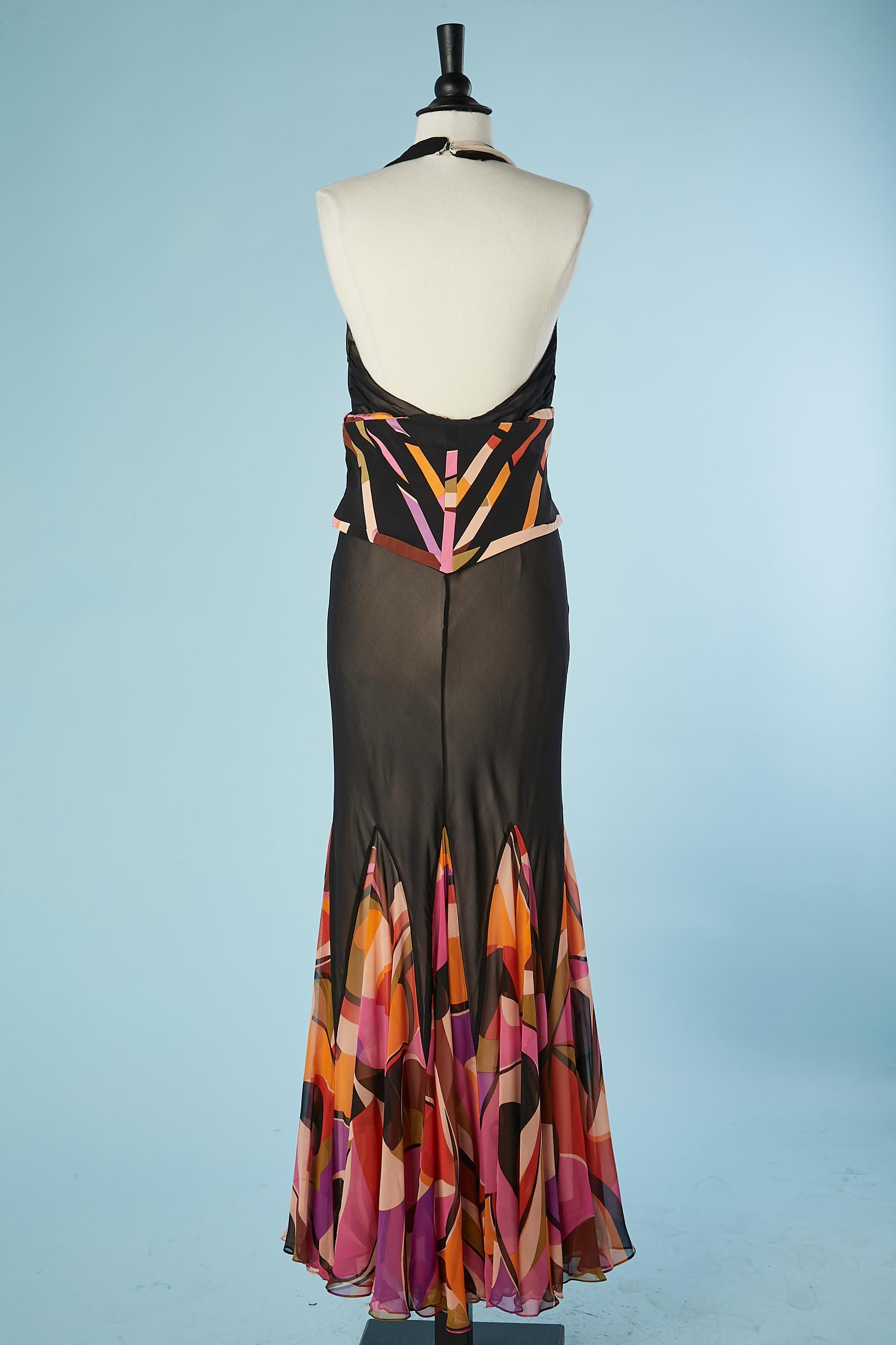 Backless evening dress in black chiffon and geometrical print panel Jovani  For Sale 1