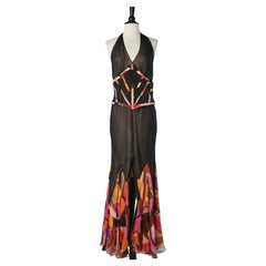 Retro Backless evening dress in black chiffon and geometrical print panel Jovani 