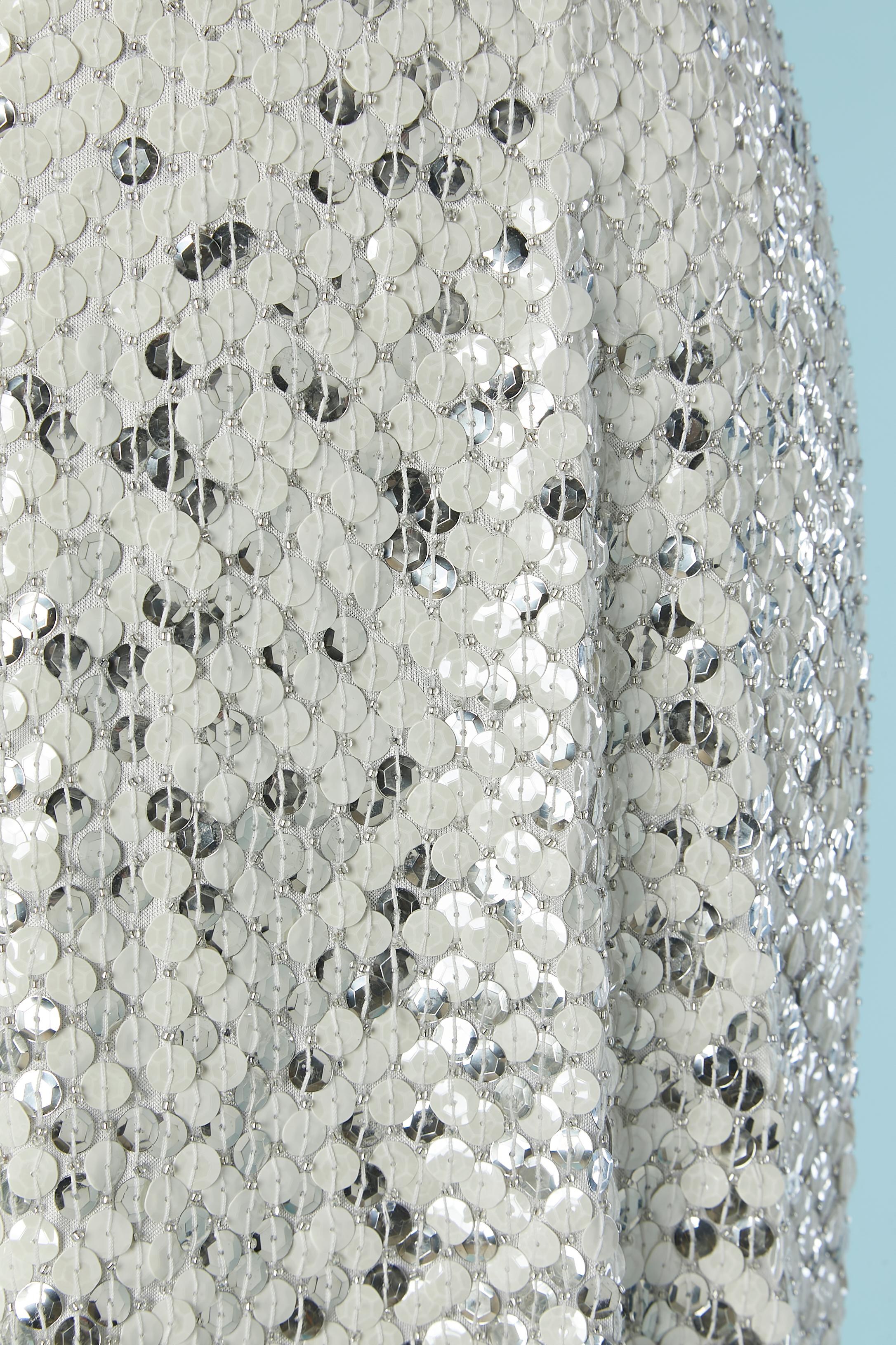 Backless evening dress in silver and white sequin Caché In Excellent Condition In Saint-Ouen-Sur-Seine, FR