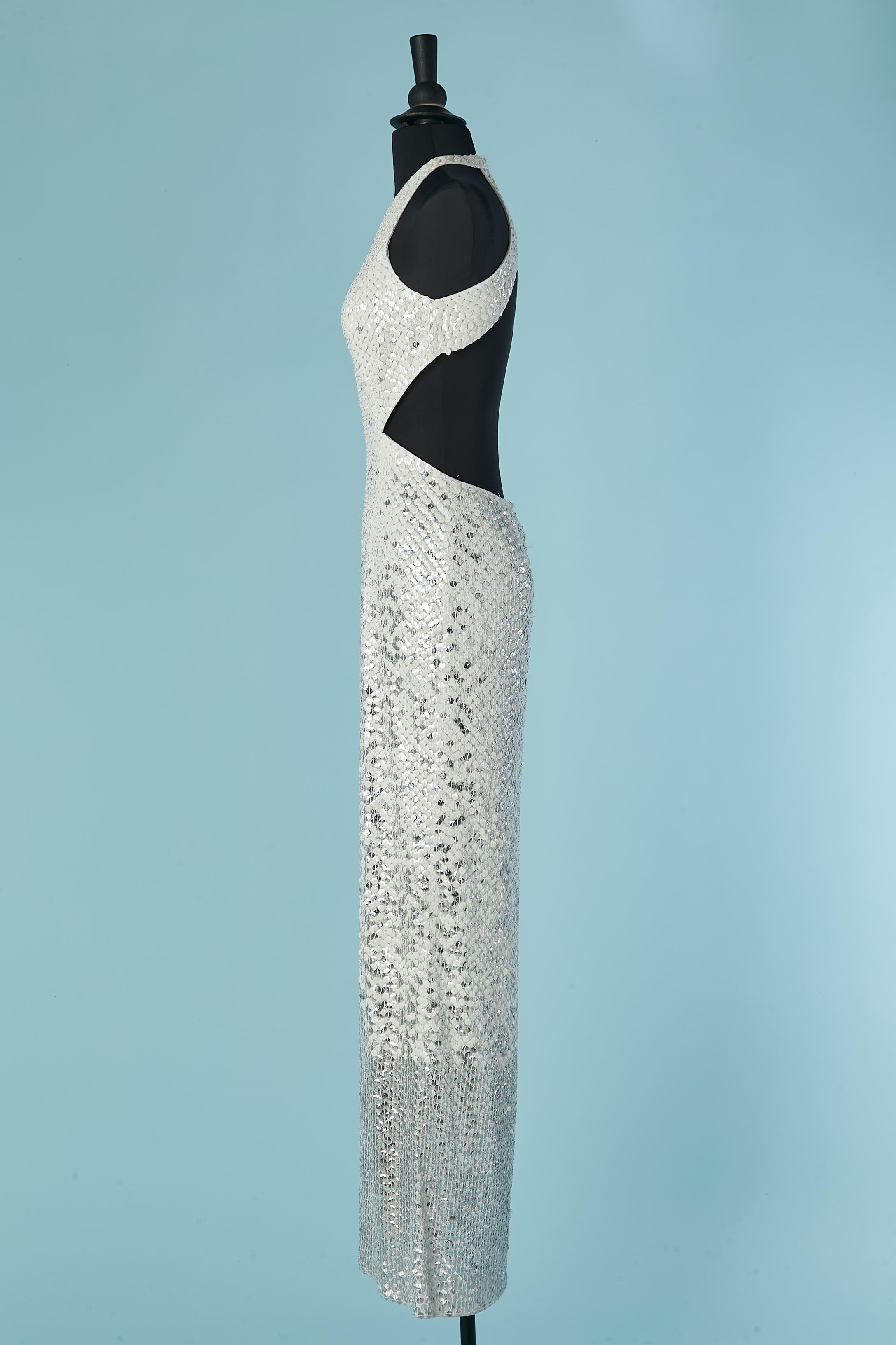 Backless evening dress in silver and white sequin Caché 1