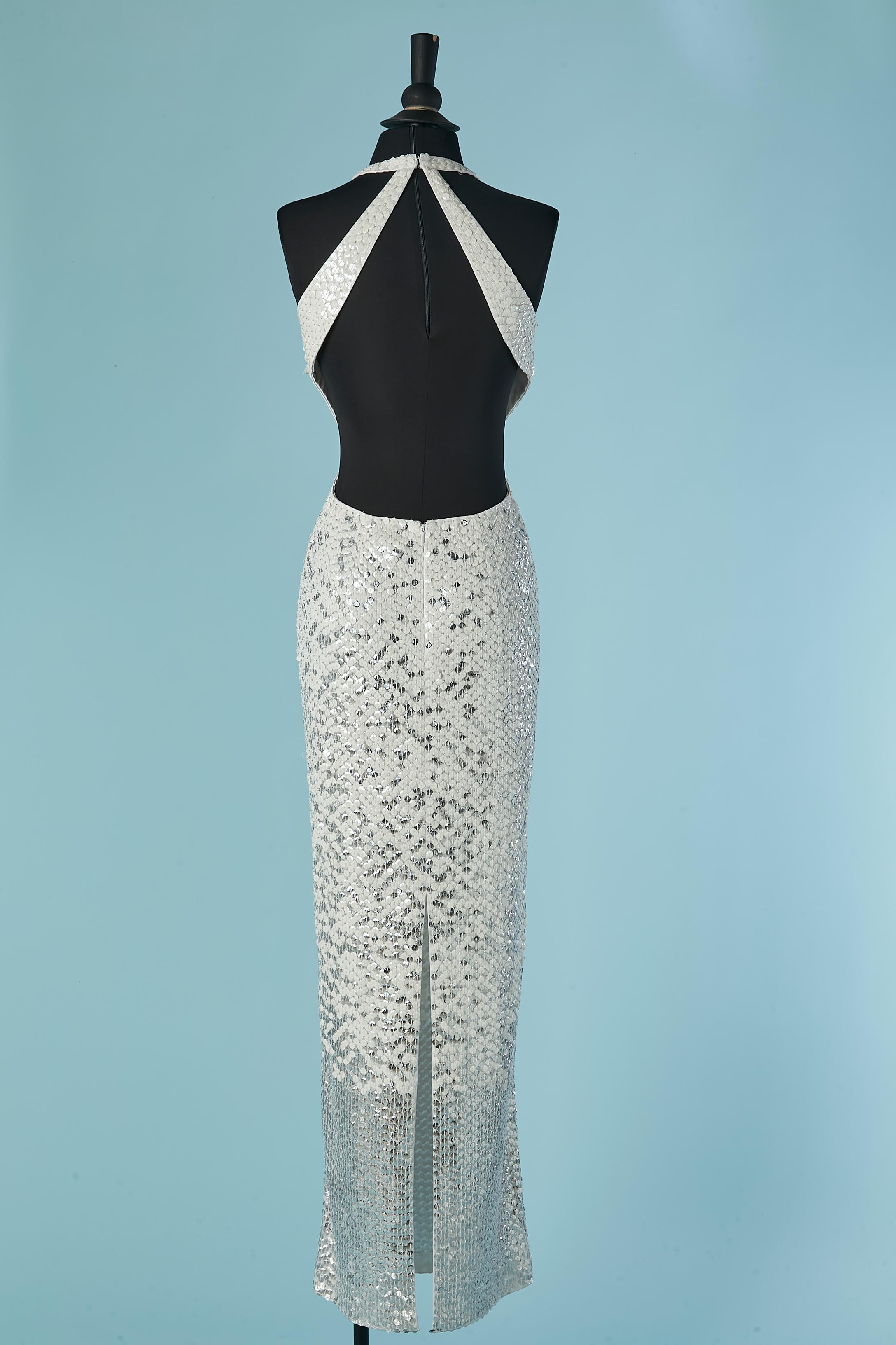Backless evening dress in silver and white sequin Caché 2