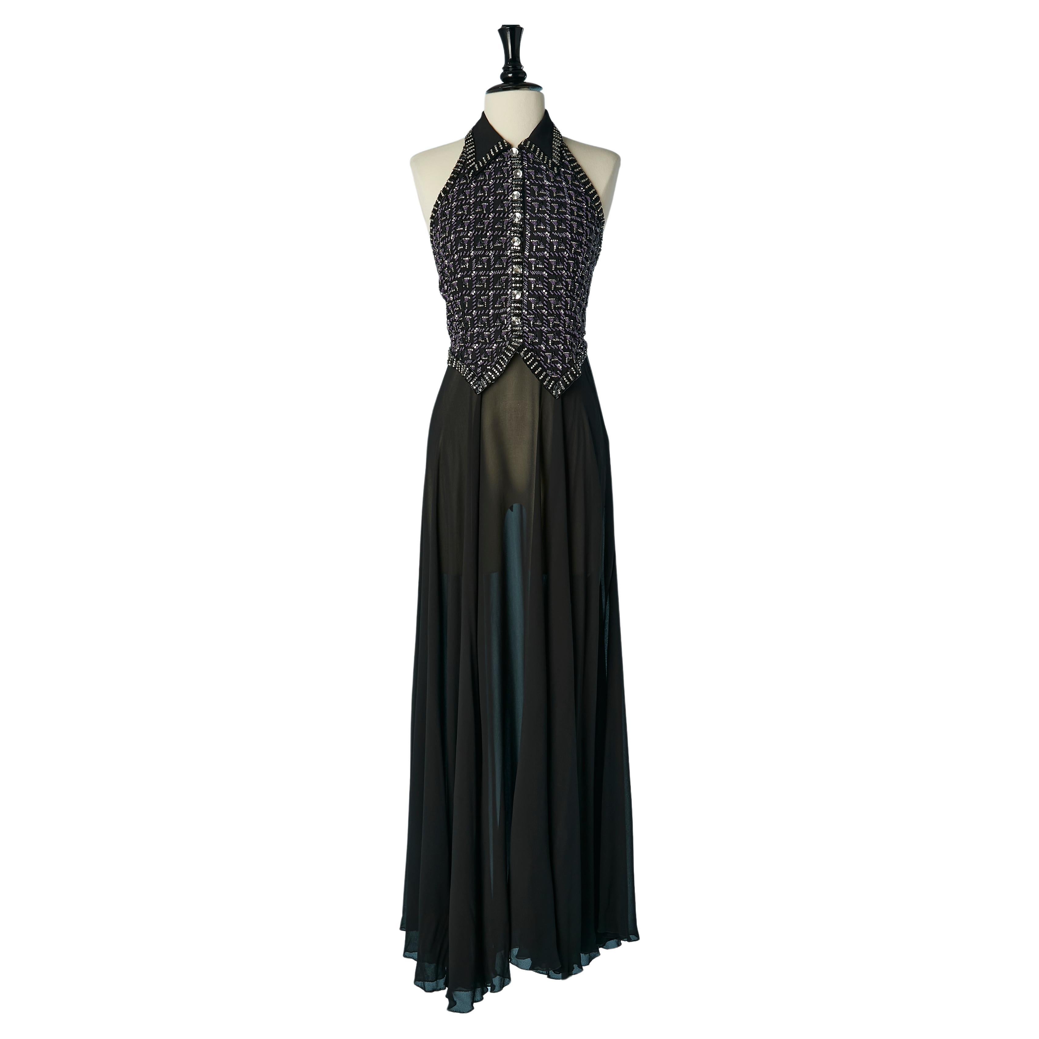 Backless evening dress with beaded and rhinestone front Circa 1970's  For Sale
