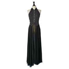 Backless evening dress with beaded and rhinestone front Circa 1970's 