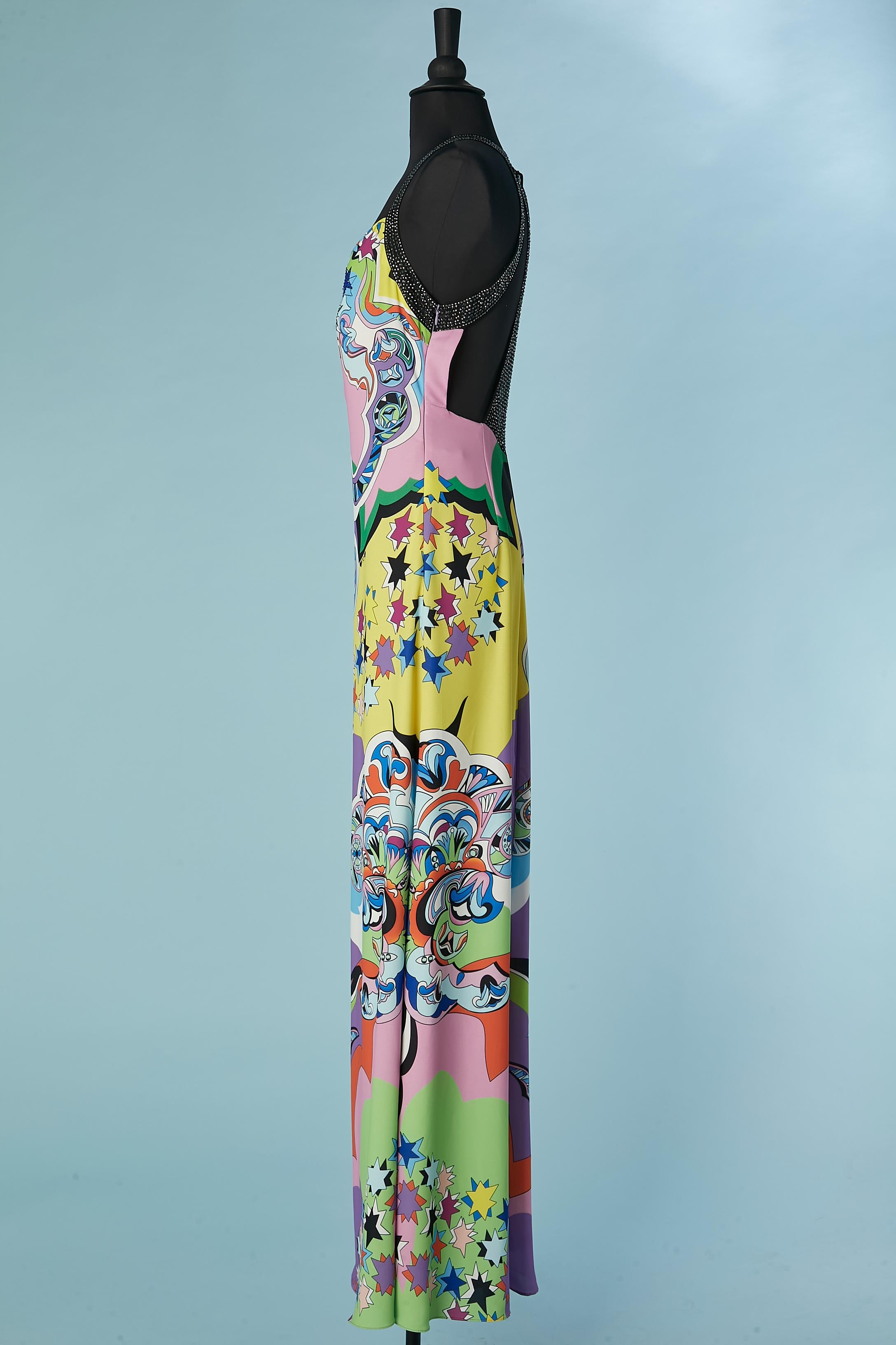 Backless evening dress with multicolor print and rhinestone Gai Mattiolo For Sale 1