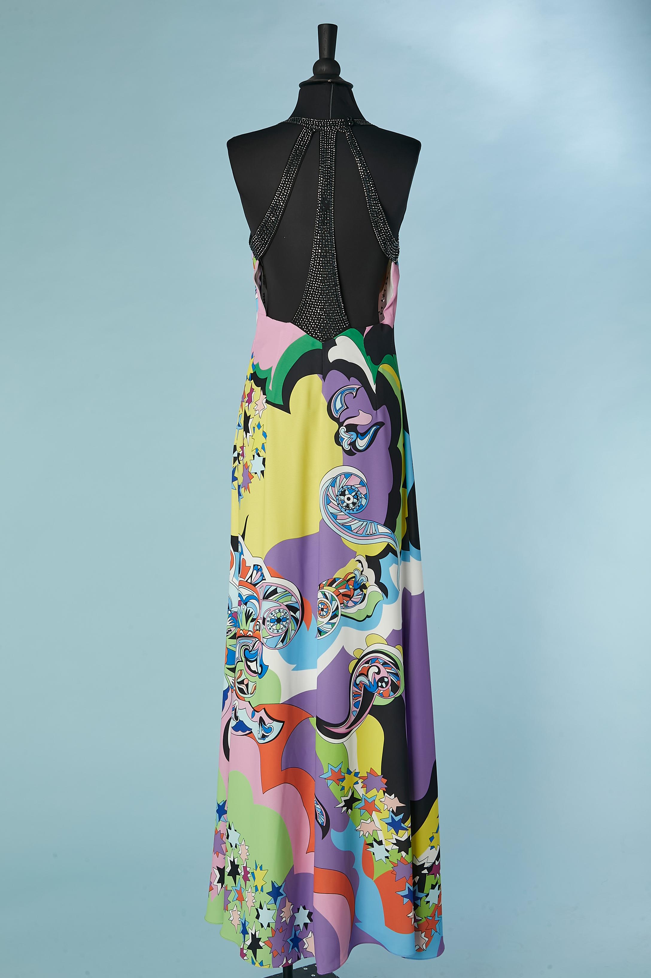 Backless evening dress with multicolor print and rhinestone Gai Mattiolo  For Sale 3