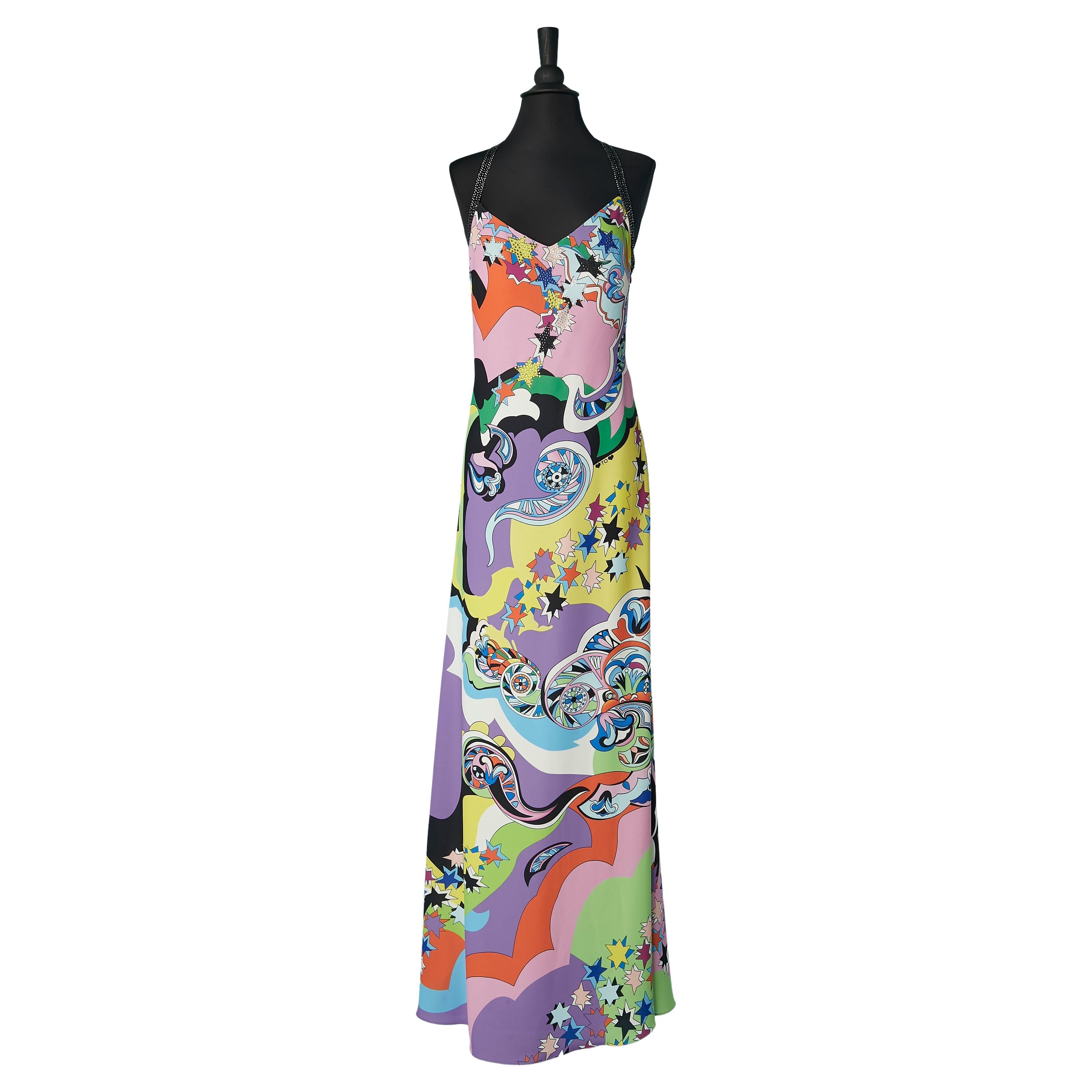 Backless evening dress with multicolor print and rhinestone Gai Mattiolo For Sale