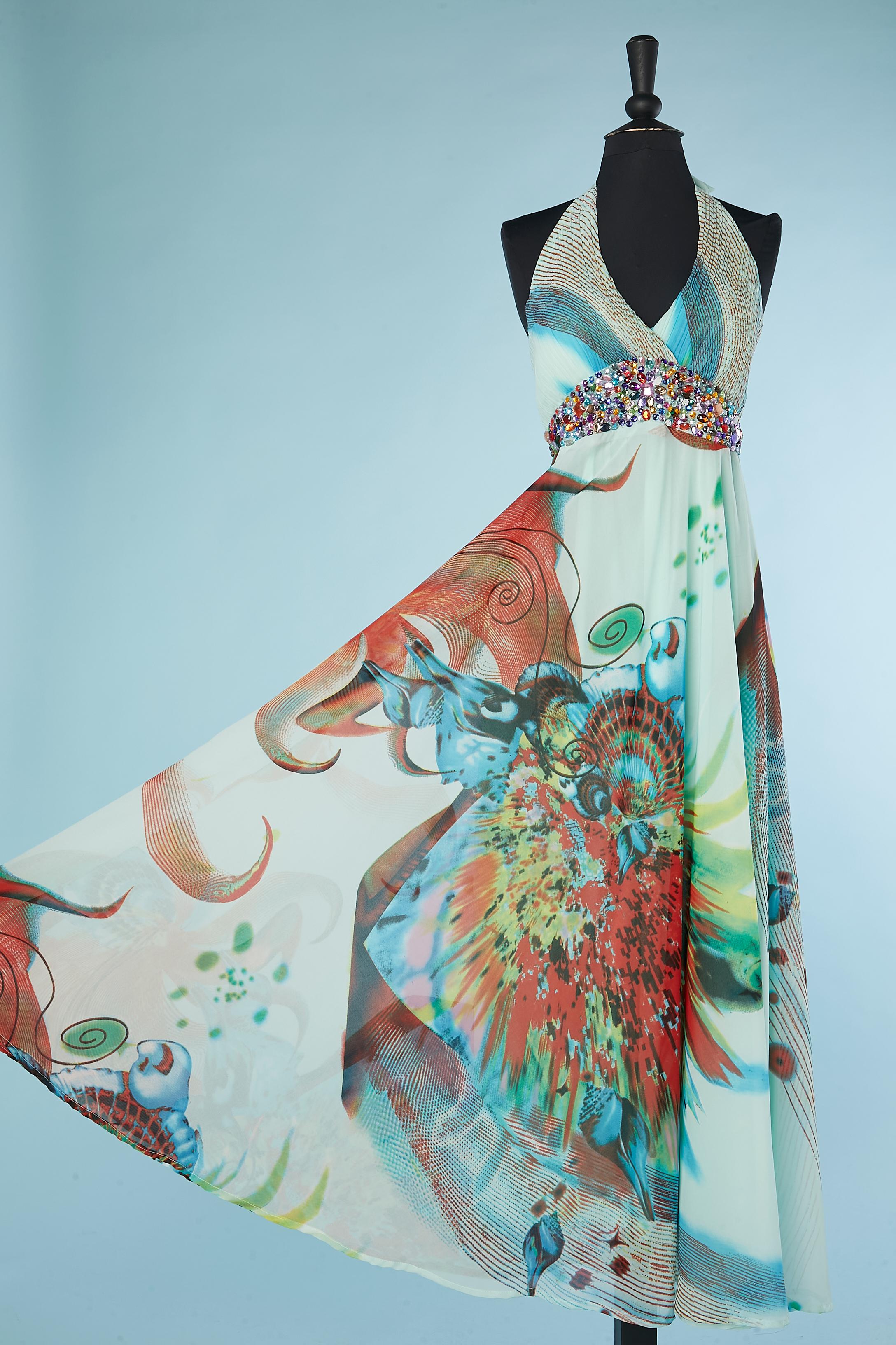 Backless printed evening dress with beaded waist Wind Fashion In Excellent Condition For Sale In Saint-Ouen-Sur-Seine, FR