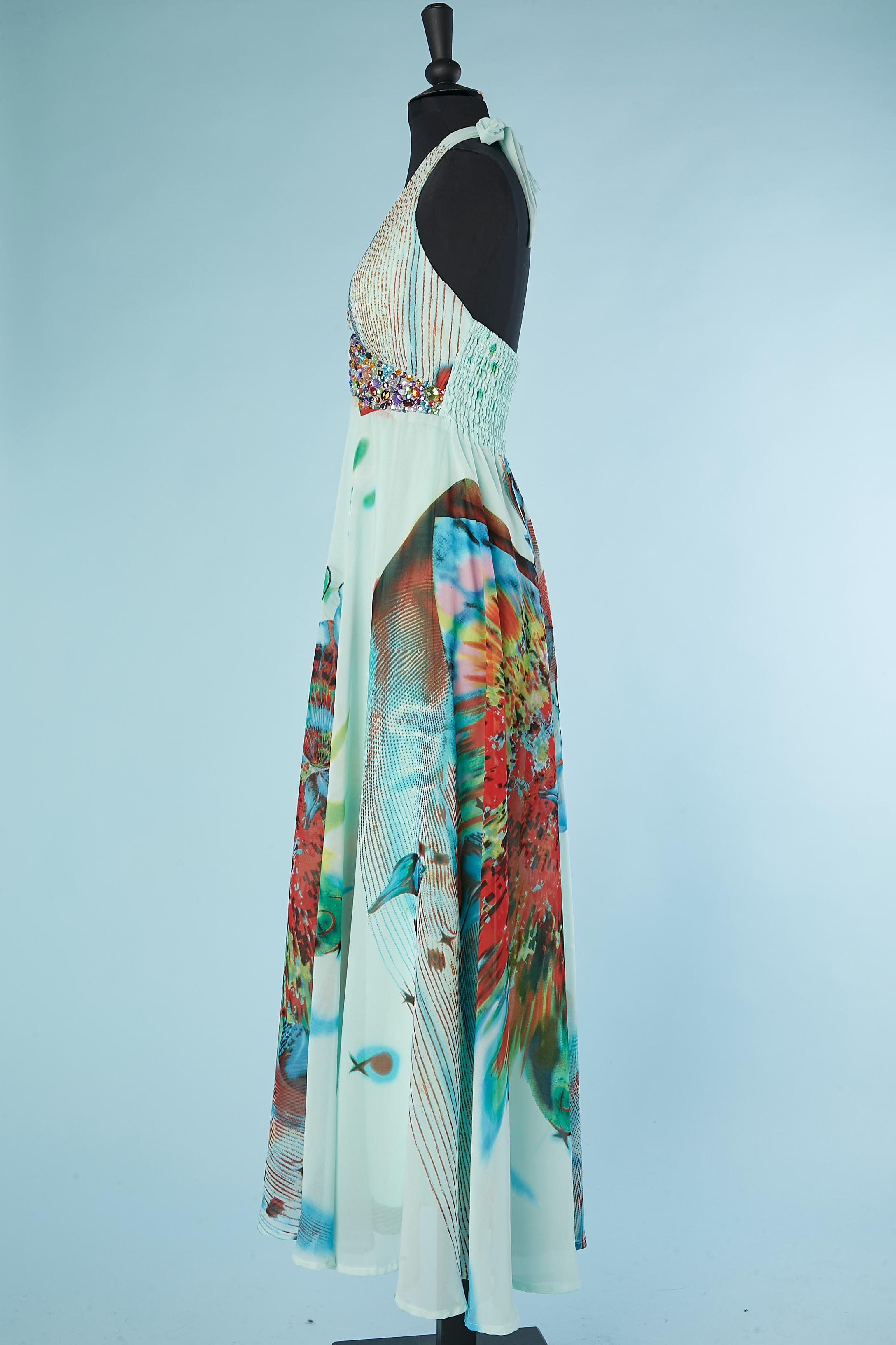 Women's Backless printed evening dress with beaded waist Wind Fashion For Sale