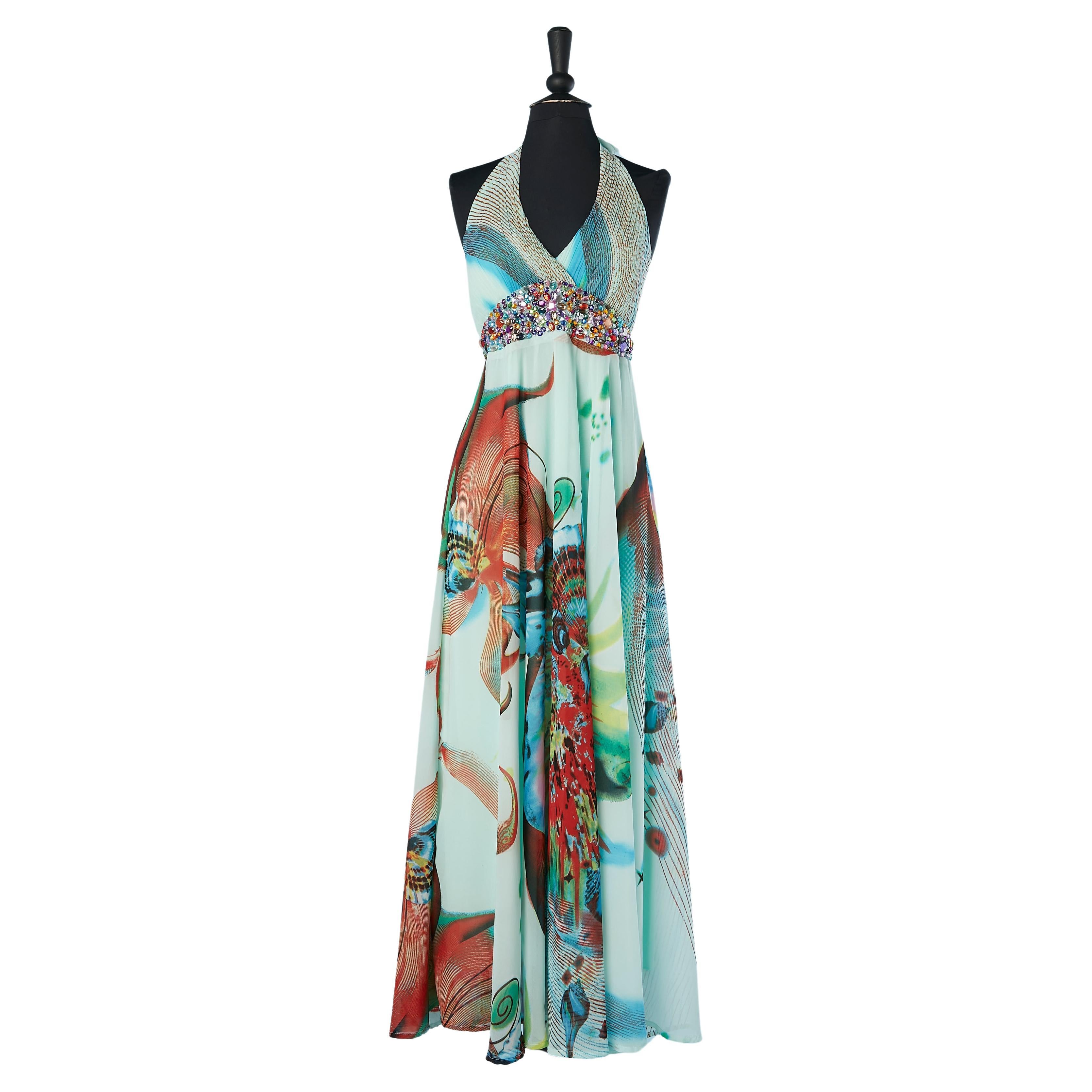 Backless printed evening dress with beaded waist Wind Fashion For Sale