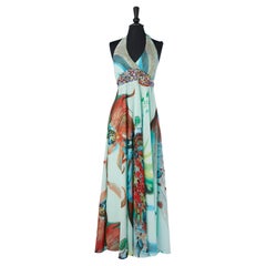 Robe de soirée imprimée dos nu avec taille perlée à la mode
