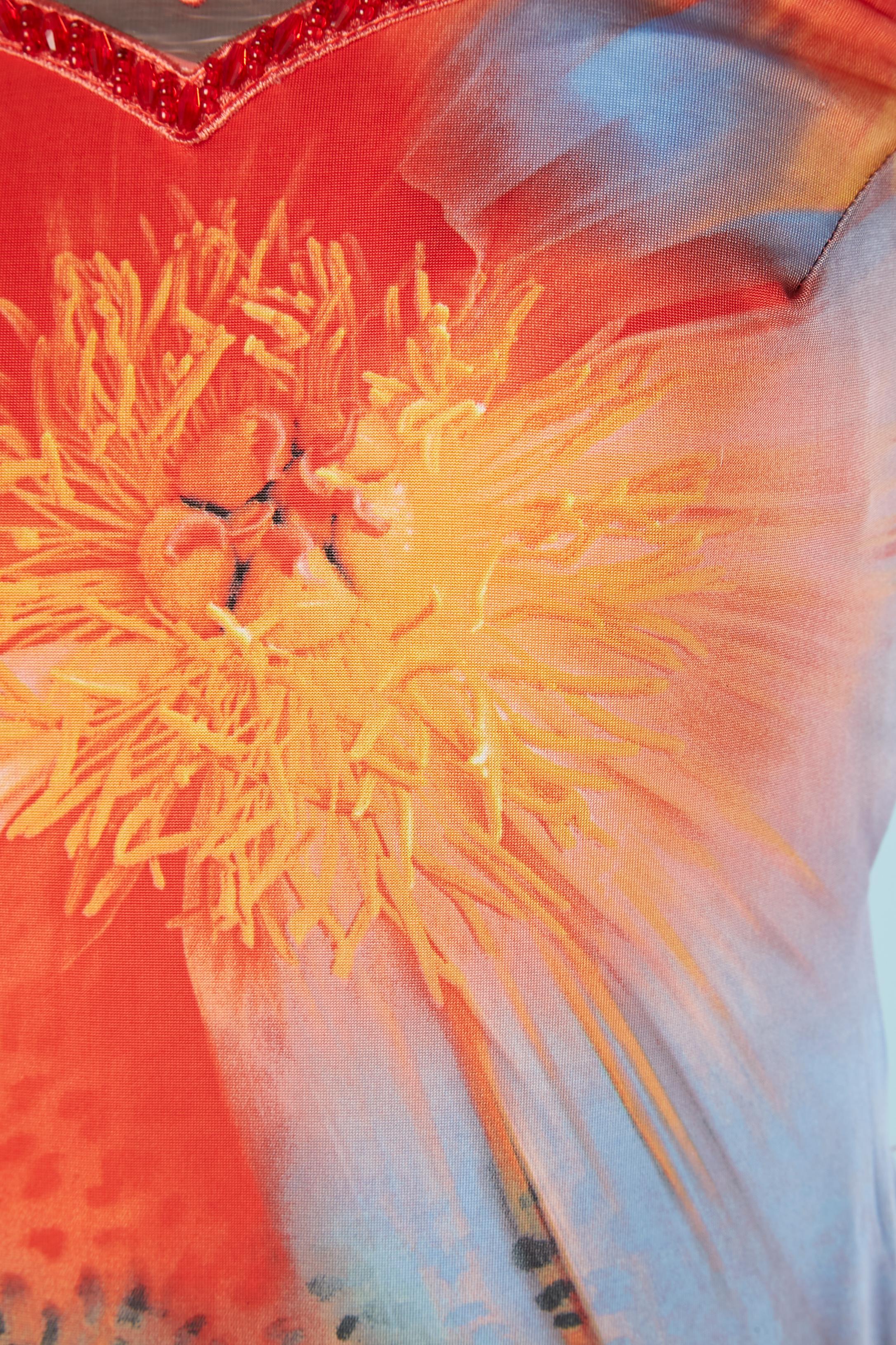 Orange Backless printed jersey evening dress with beaded work Jenny Fashion For Sale