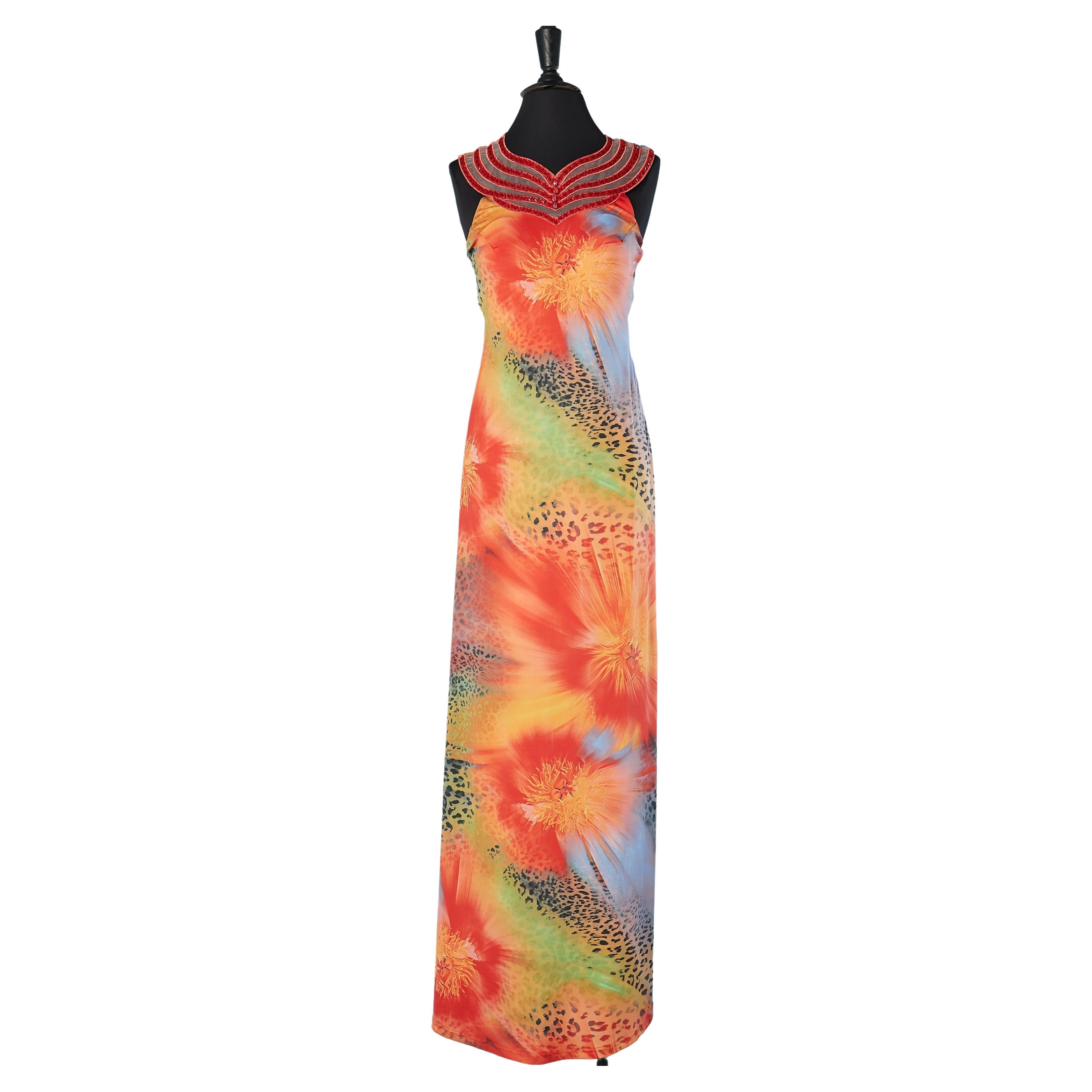 Backless printed jersey evening dress with beaded work Jenny Fashion For Sale