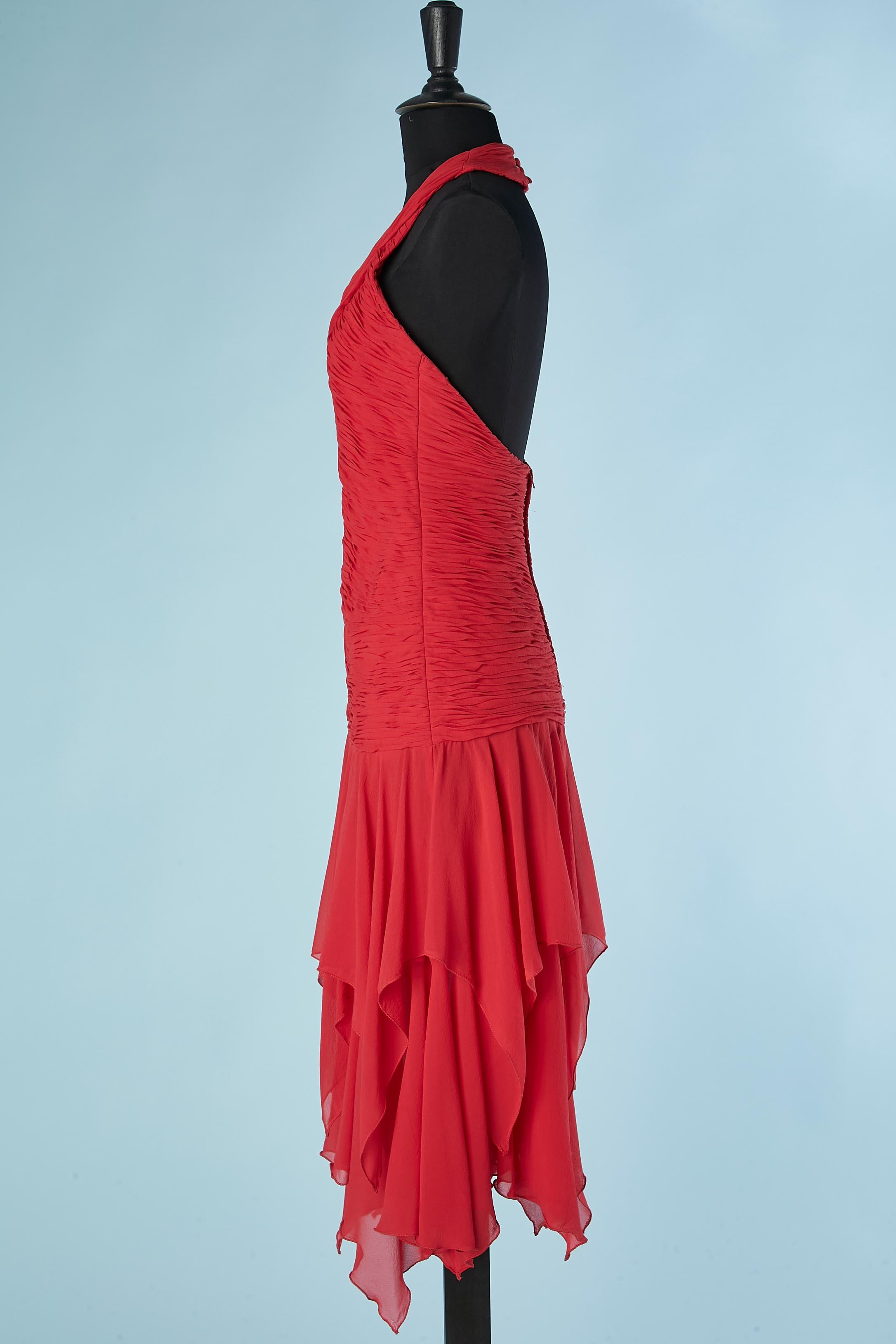 Backless red silk chiffon cocktail dress with drape and ruffles Fontana Couture  For Sale 1