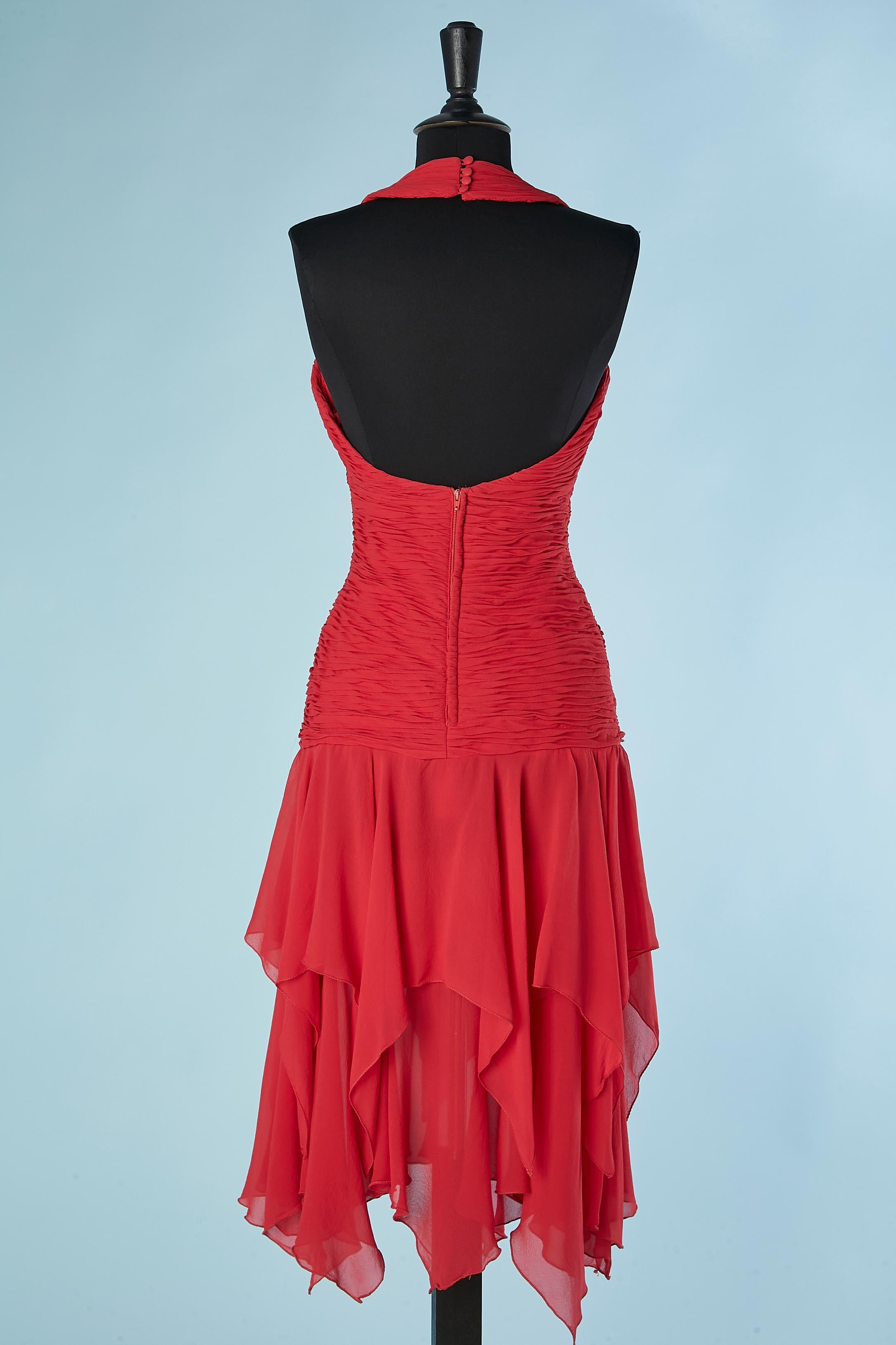 Backless red silk chiffon cocktail dress with drape and ruffles Fontana Couture  For Sale 2
