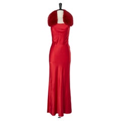 Backless red silk evening dress with red fur collar Gai Mattiolo Couture 