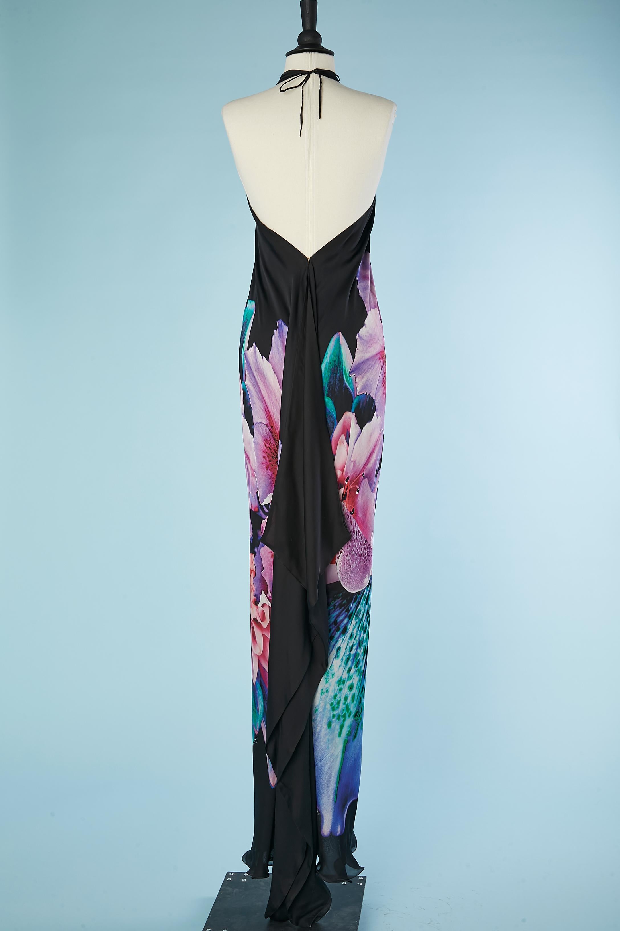 Backless silk flower printed evening dress with knot and drape Roberto CAVALLI  For Sale 3