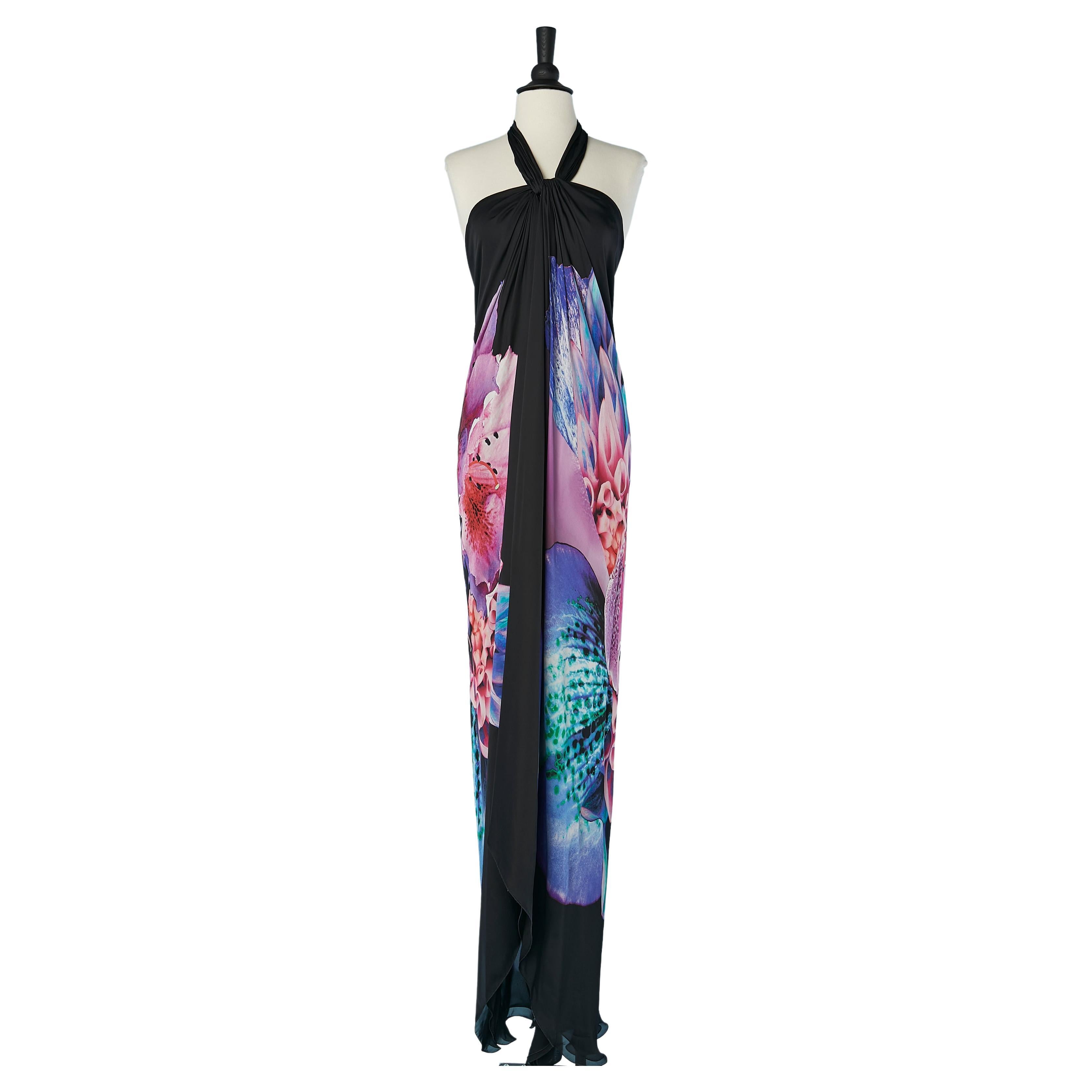 Backless silk flower printed evening dress with knot and drape Roberto CAVALLI  For Sale