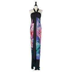 Backless silk flower printed evening dress with knot and drape Roberto CAVALLI 