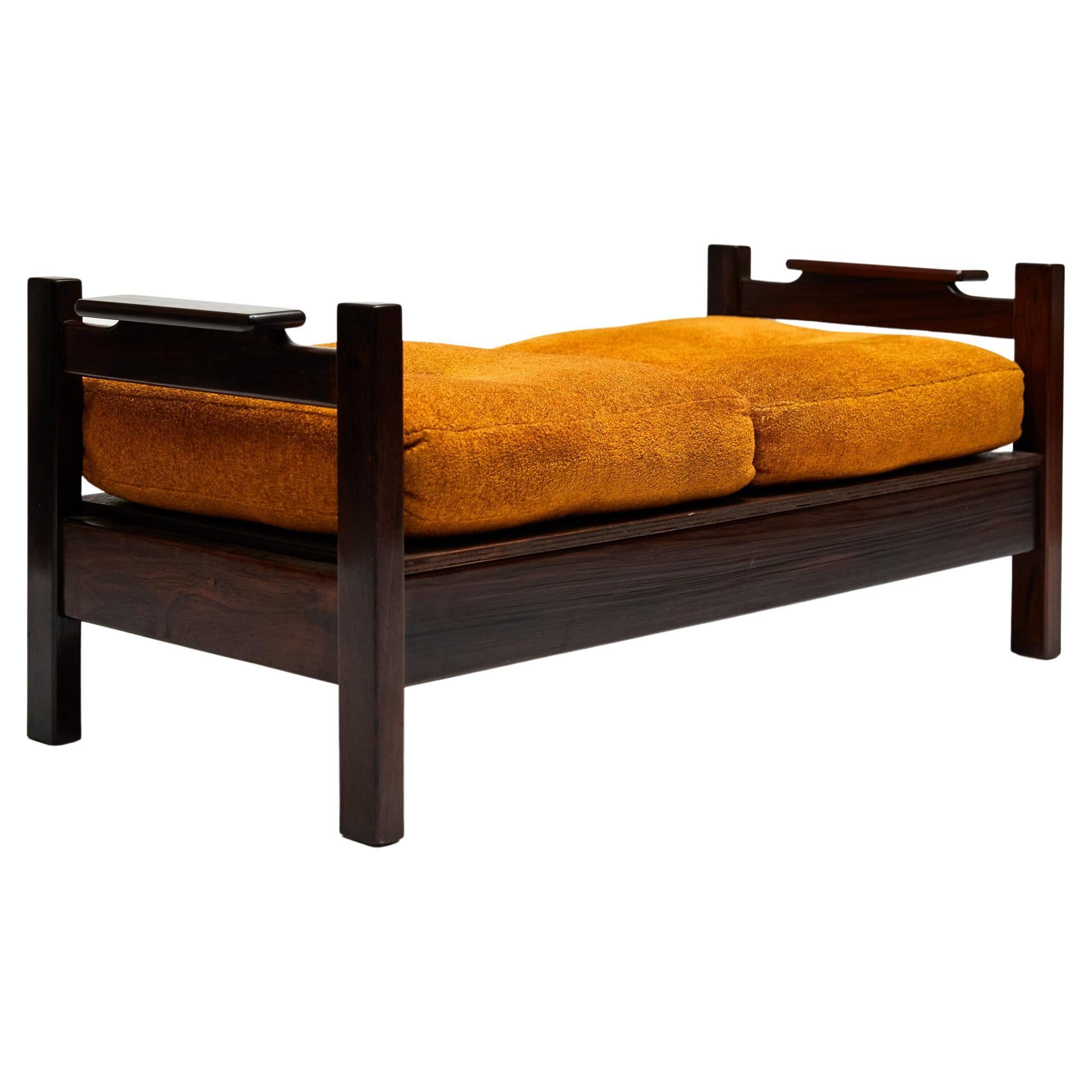 Brazilian Modern Bench in Hardwood & Orange Cushions by Fatima, 1960s, Brazil For Sale