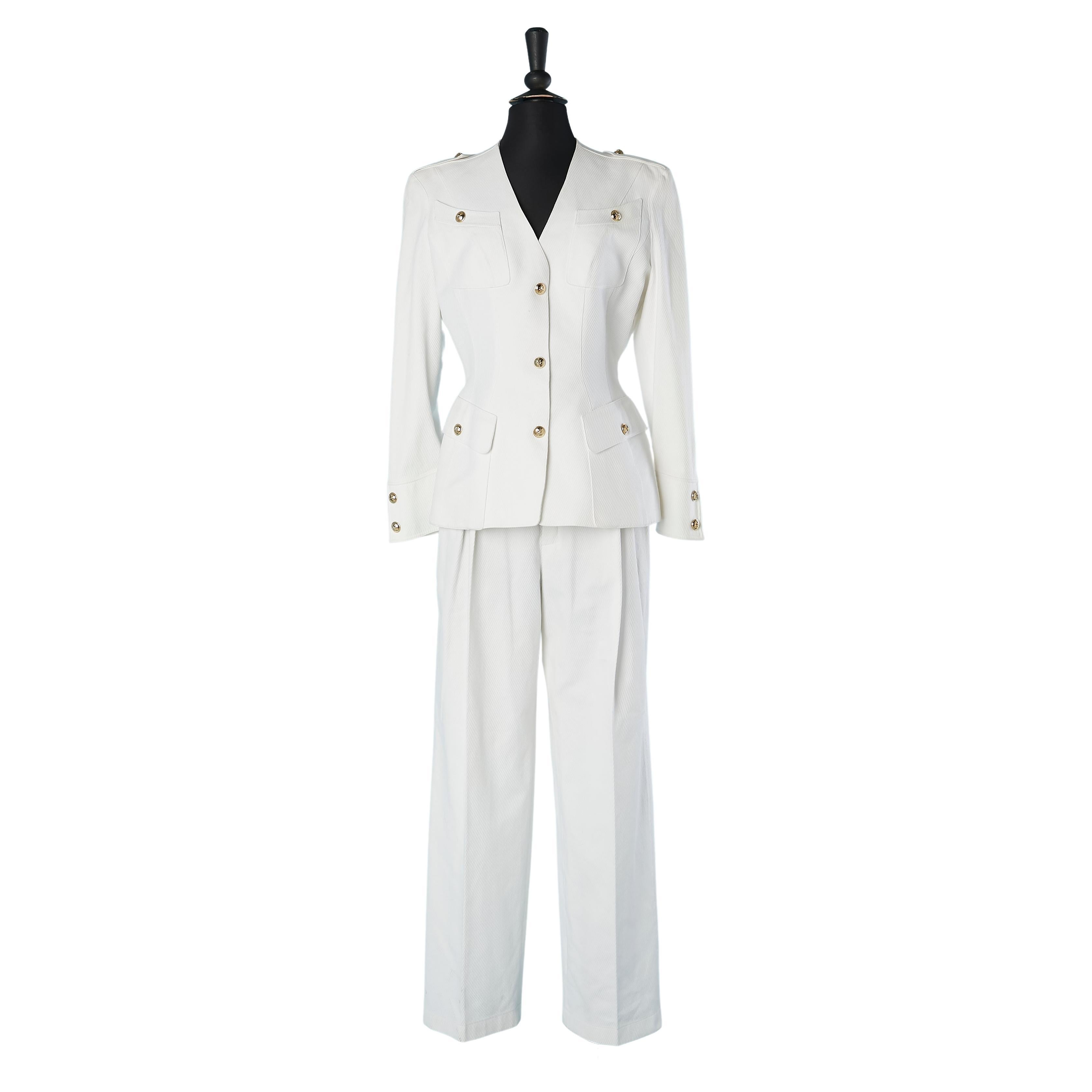 Backless white cotton trouser-suit with gold metal star snap Thierry Mugler 
