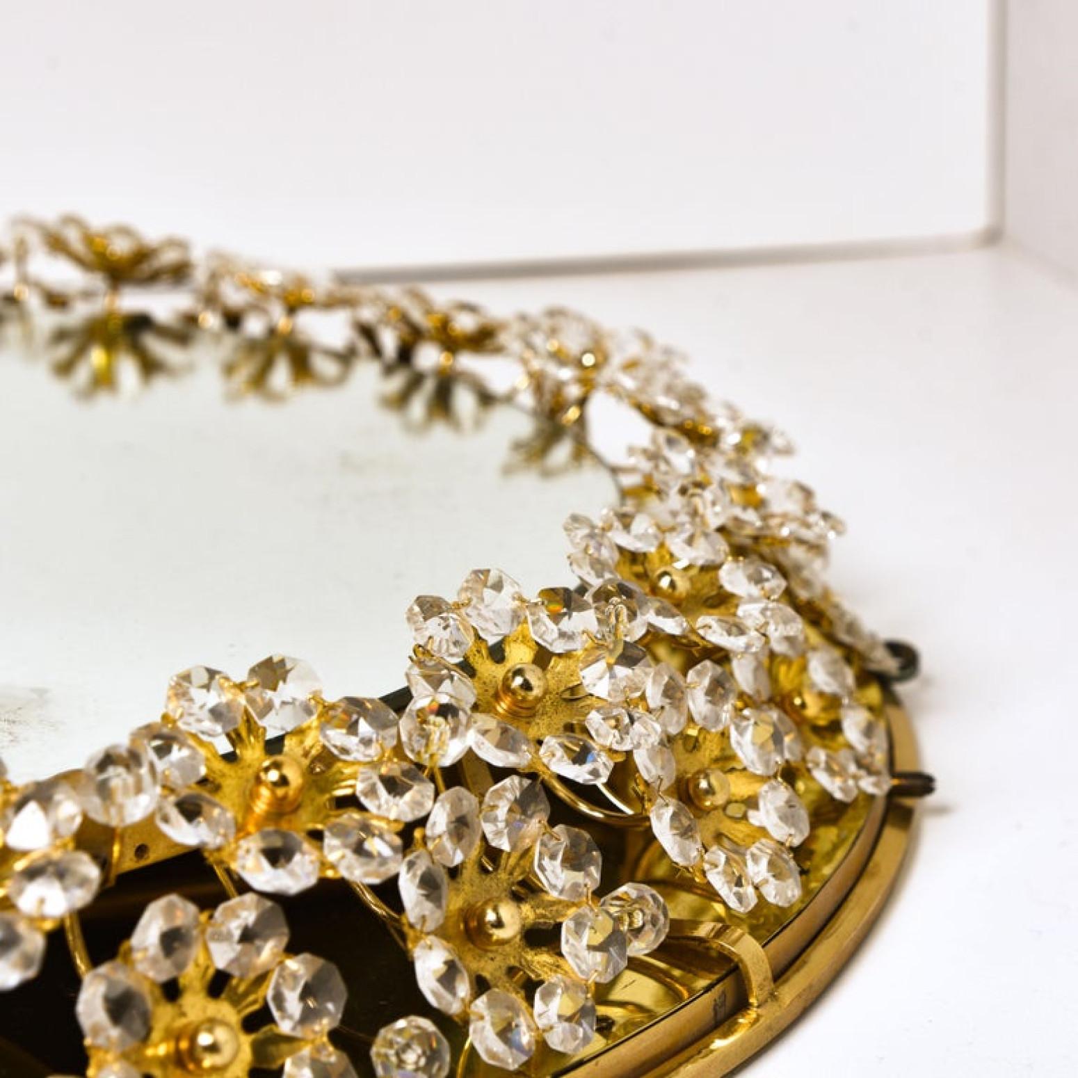 Hollywood Regency Backlit Flower Mirror, Gilt Brass Crystals, 1970 For Sale