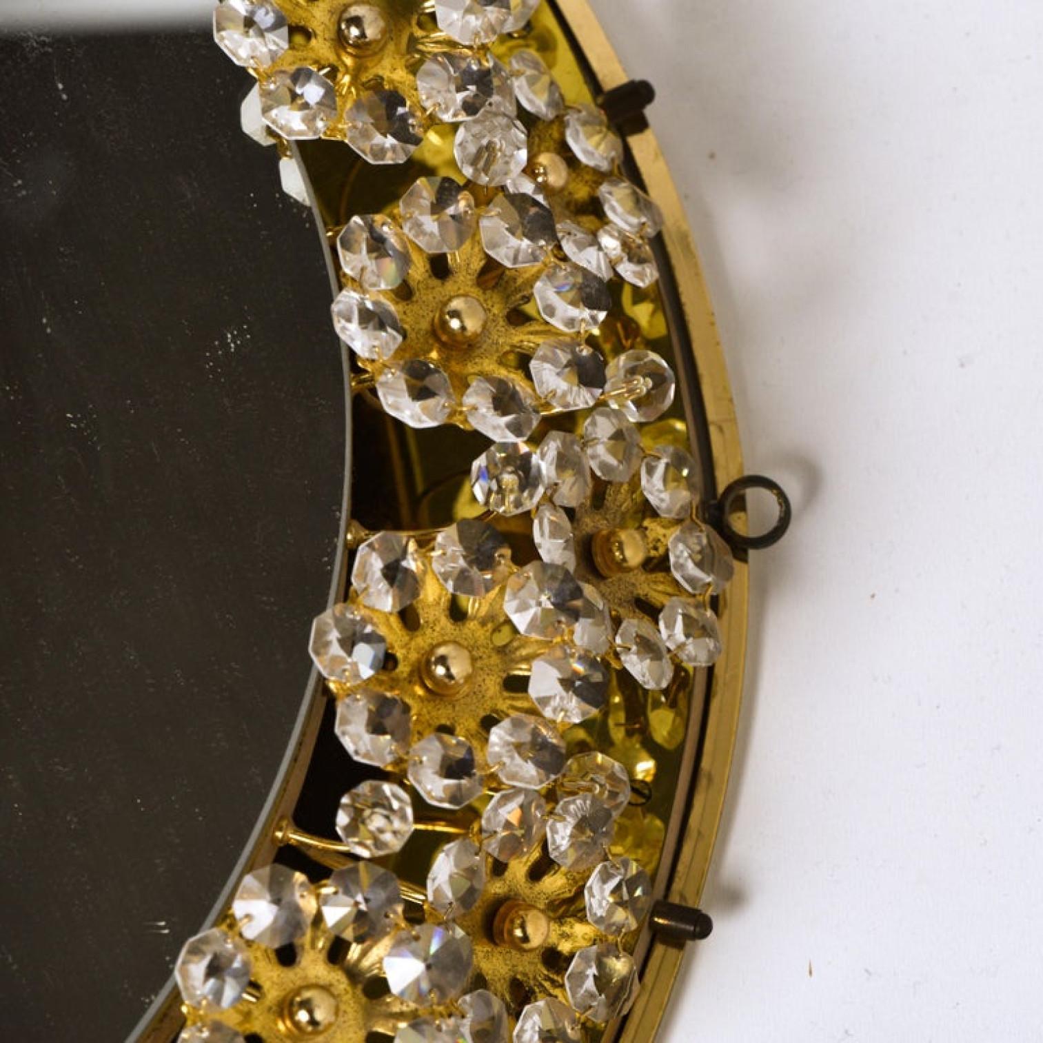 German Backlit Flower Mirror, Gilt Brass Crystals, 1970 For Sale