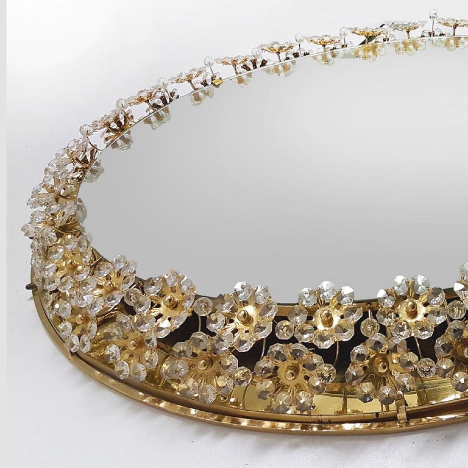 Faceted Backlit Flower Mirror, Gilt Brass Crystals, 1970 For Sale