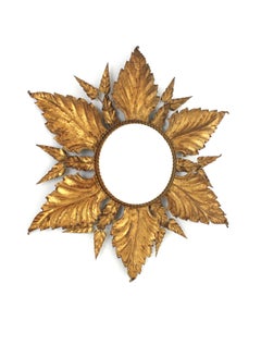 Backlit Foliage Sunburst Mirror in Gilt Iron, Hollywood Regency, France 1940
