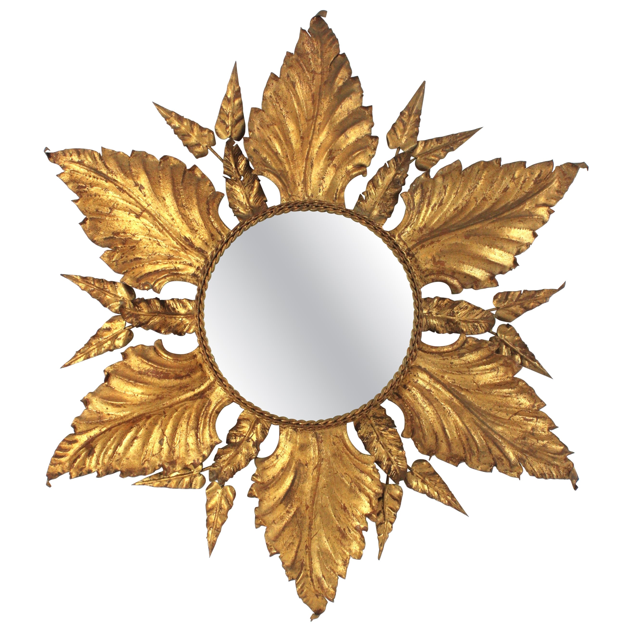 Backlit Foliage Sunburst Mirror in Gilt Iron, Hollywood Regency, France 1940 For Sale