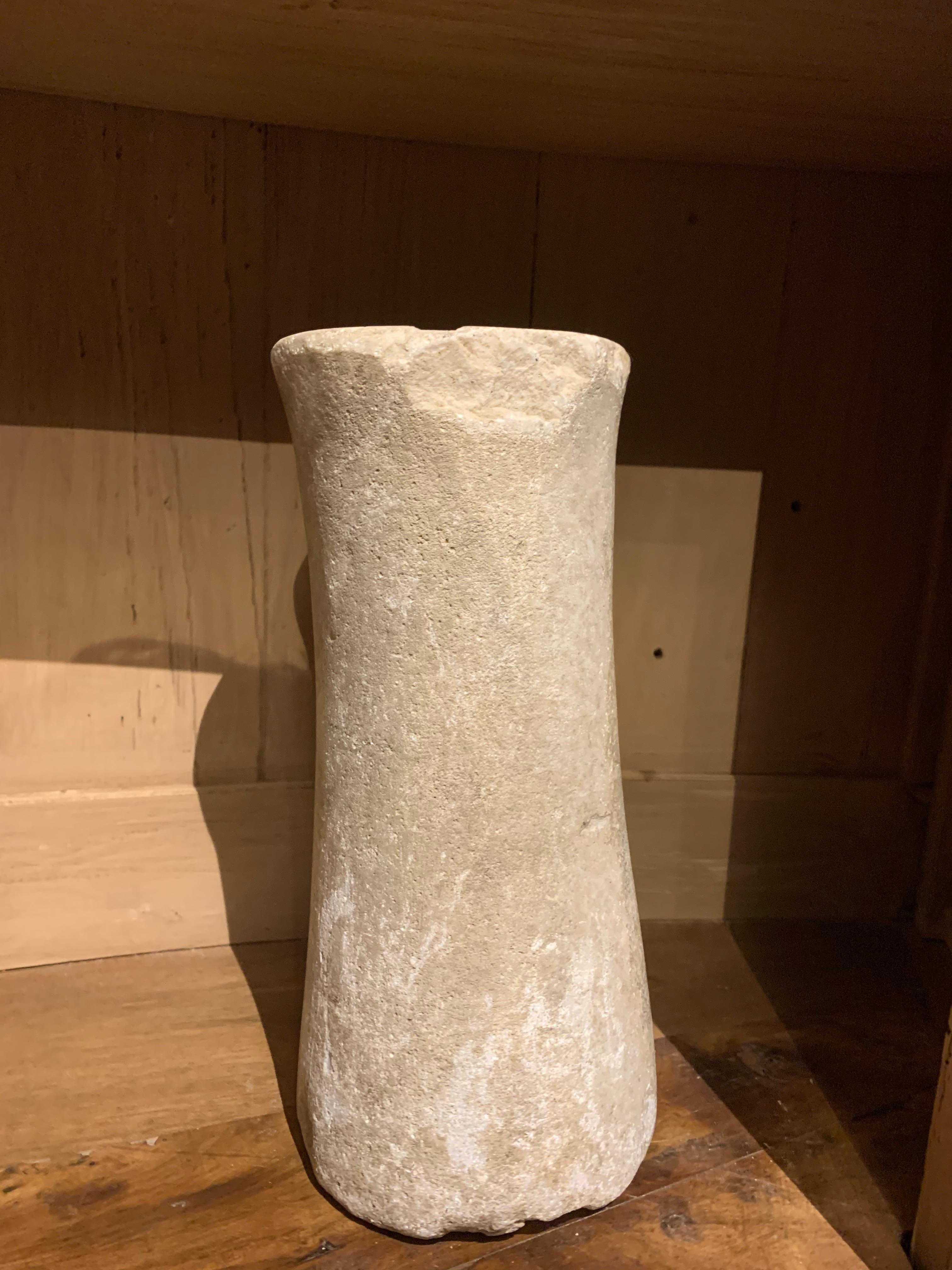 Bactrian sandstone column idol, circa 3000-2000 BC. It has an elegant tapering form with a undeep groove running on the top. The colomns t has incrustation on the side where it laid on the sand and the vains are deepened with time. The incrustated