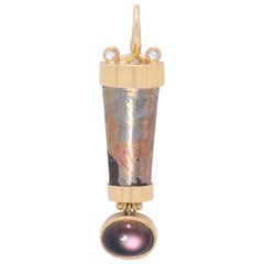 Baculite Cylinder Pendant with Rainbow Moonstone and Diamonds in 18 Karat Gold