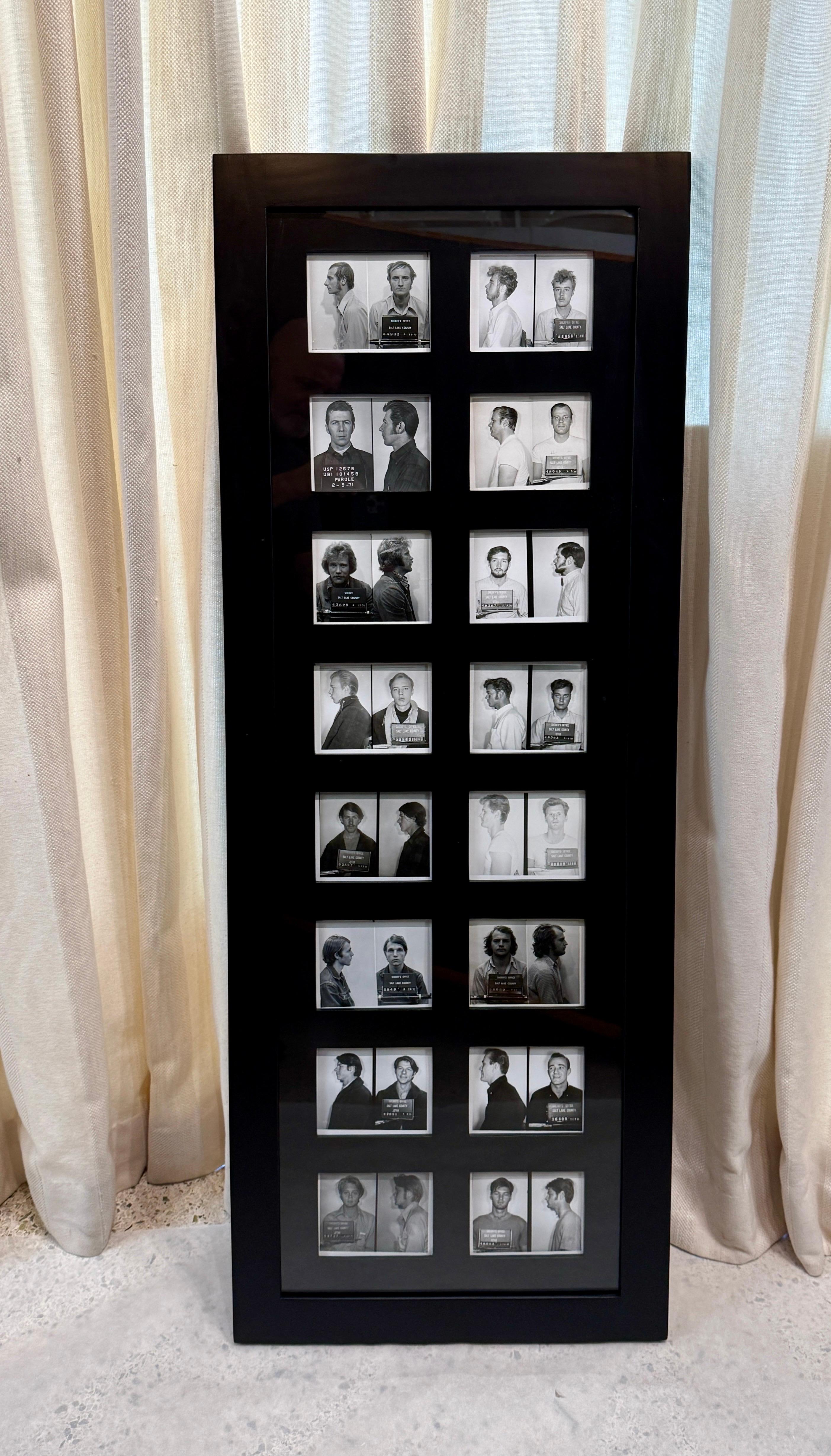 Incredible collection of sixteen (16) original mugshots from Salt Lake City, Utah Police Department in 1950s and 1960s. These are petty crimes of the era and framed beautifully.  It is such a playful piece... sure to strike many a conversation.