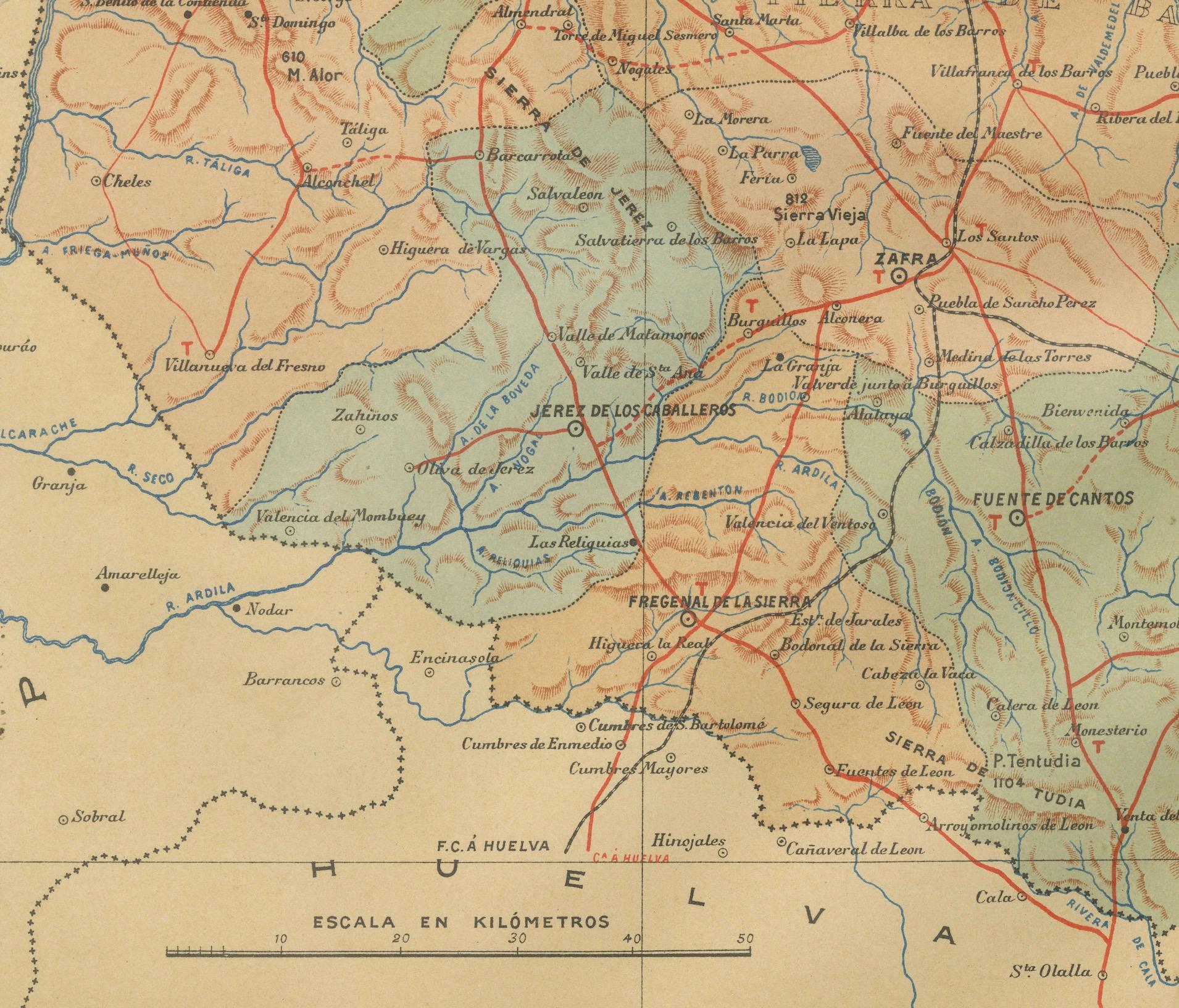 This original antique map for sale is of the province of Badajoz, part of the autonomous community of Extremadura in Spain, dated 1901. It illustrates several important features:

The map shows the varied landscape, with contour lines indicating