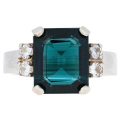 Badavici Rectangle Cut Glass Ring, Sterling Silver Solitaire w/ Accents