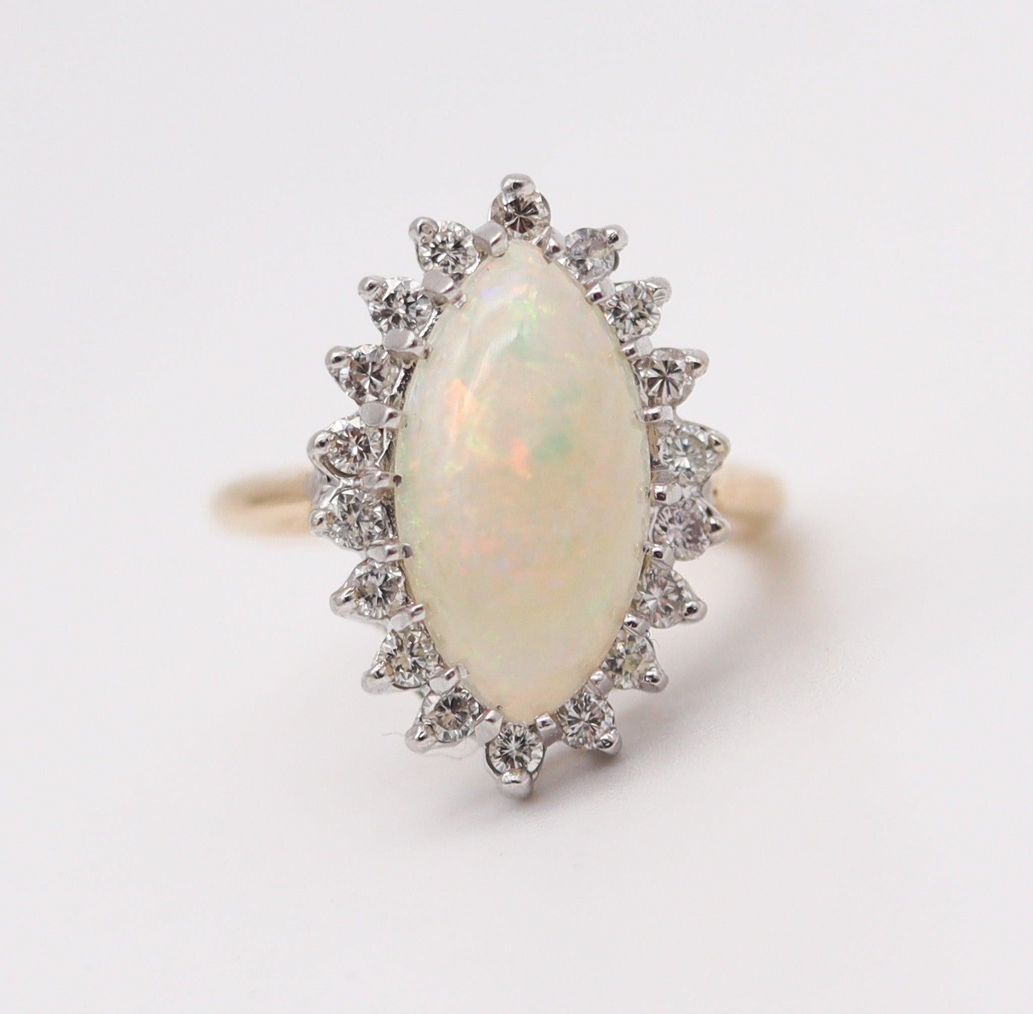 Cabochon BADEN & FOSS 1950 Cocktail Ring In 14Kt Gold With Australian Opal And Diamonds For Sale