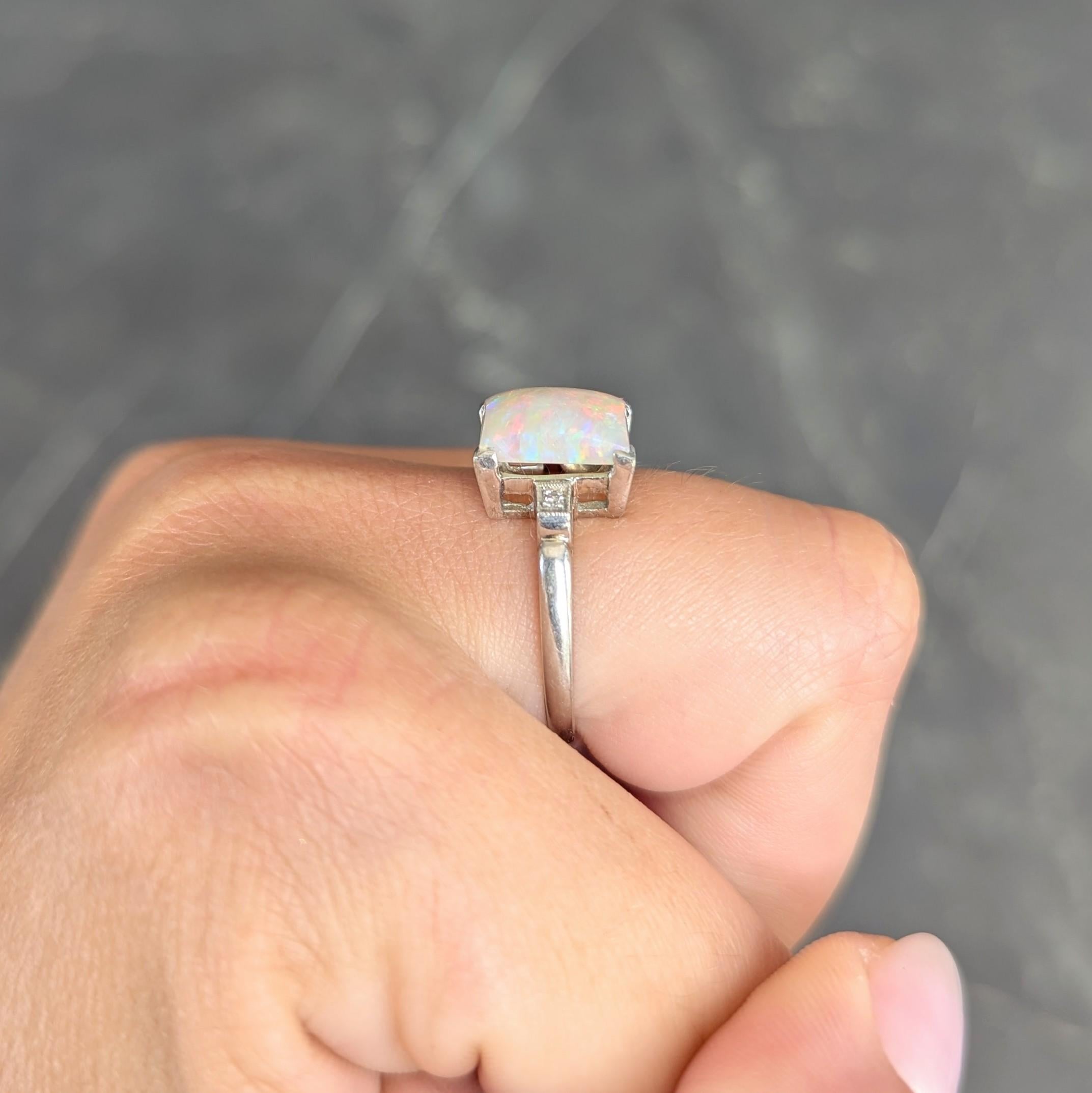 Baden & Foss Mid-Century Opal Diamond 14 Karat White Gold Vintage Ring For Sale 4