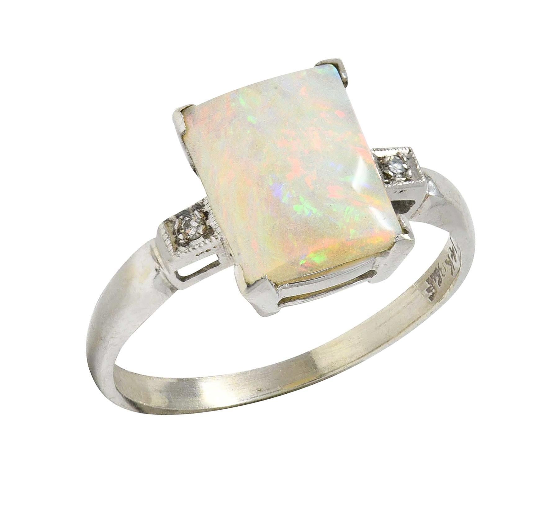 Baden & Foss Mid-Century Opal Diamond 14 Karat White Gold Vintage Ring In Excellent Condition For Sale In Philadelphia, PA