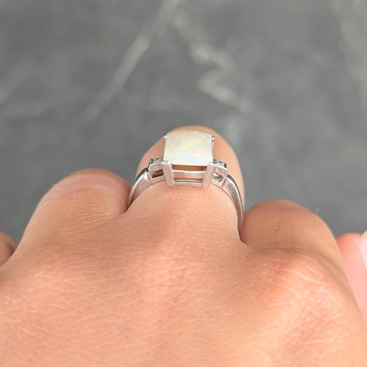 Baden & Foss Mid-Century Opal Diamond 14 Karat White Gold Vintage Ring For Sale 3