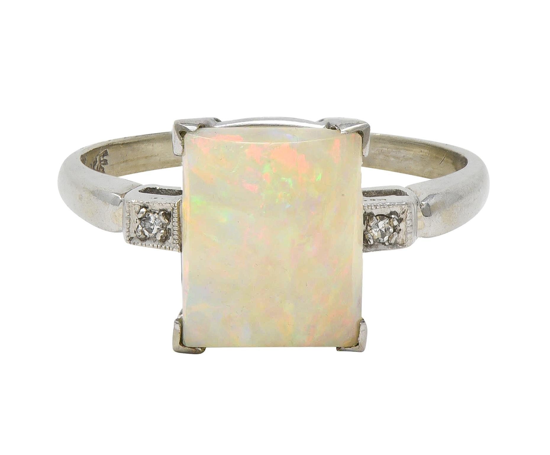 Baden & Foss Mid-Century Opal Diamond 14 Karat White Gold Vintage Ring For Sale