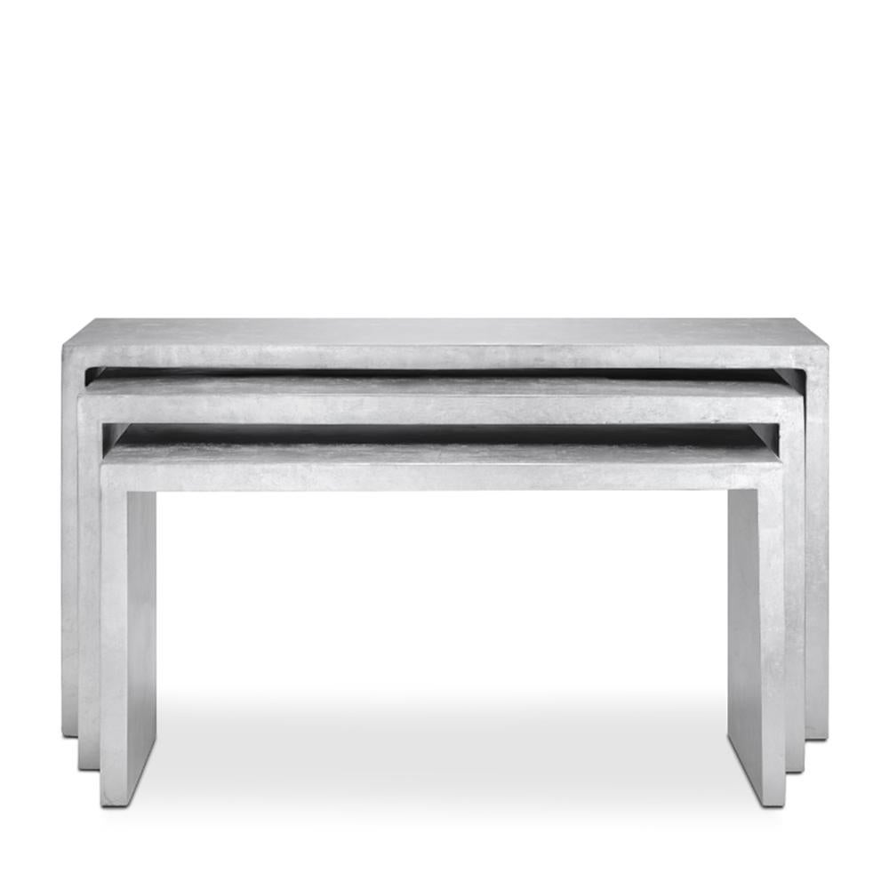 Console table baden set of 3 with structure 
In resin hand-covered with silver leaf.
Measures: Console A/ L170  x D 50 x H 91cm.
Console B/ L 154 x D 50 x H 81cm.
Console C/ L 138 x D 50 x H 71cm.