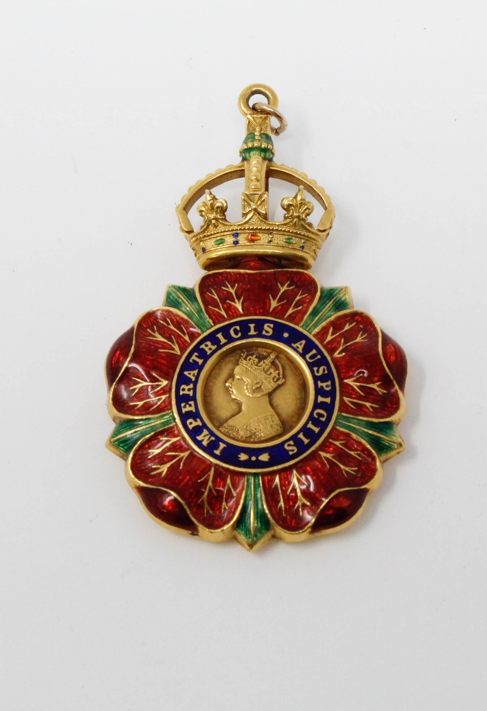Badge of The Most Eminent Order of the Indian Empire. 18 kt yellow gold and enamel. The Most Eminent Order of the Indian Empire was founded by Queen Victoria in 1878, and became dormant in 2010 upon the death of the last member. Notable members have