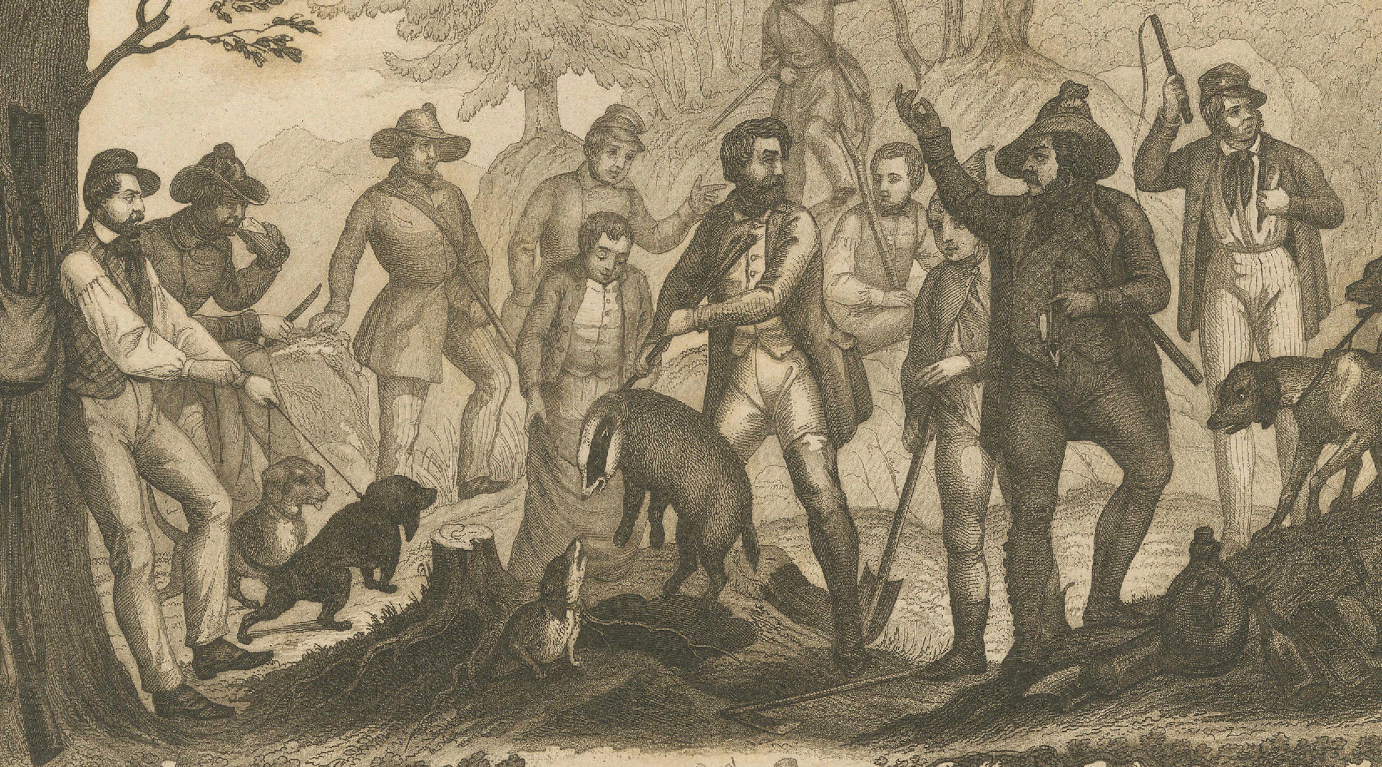 Engraved Badger and Otter Hunt – Antique German Engraving, circa 1840 For Sale