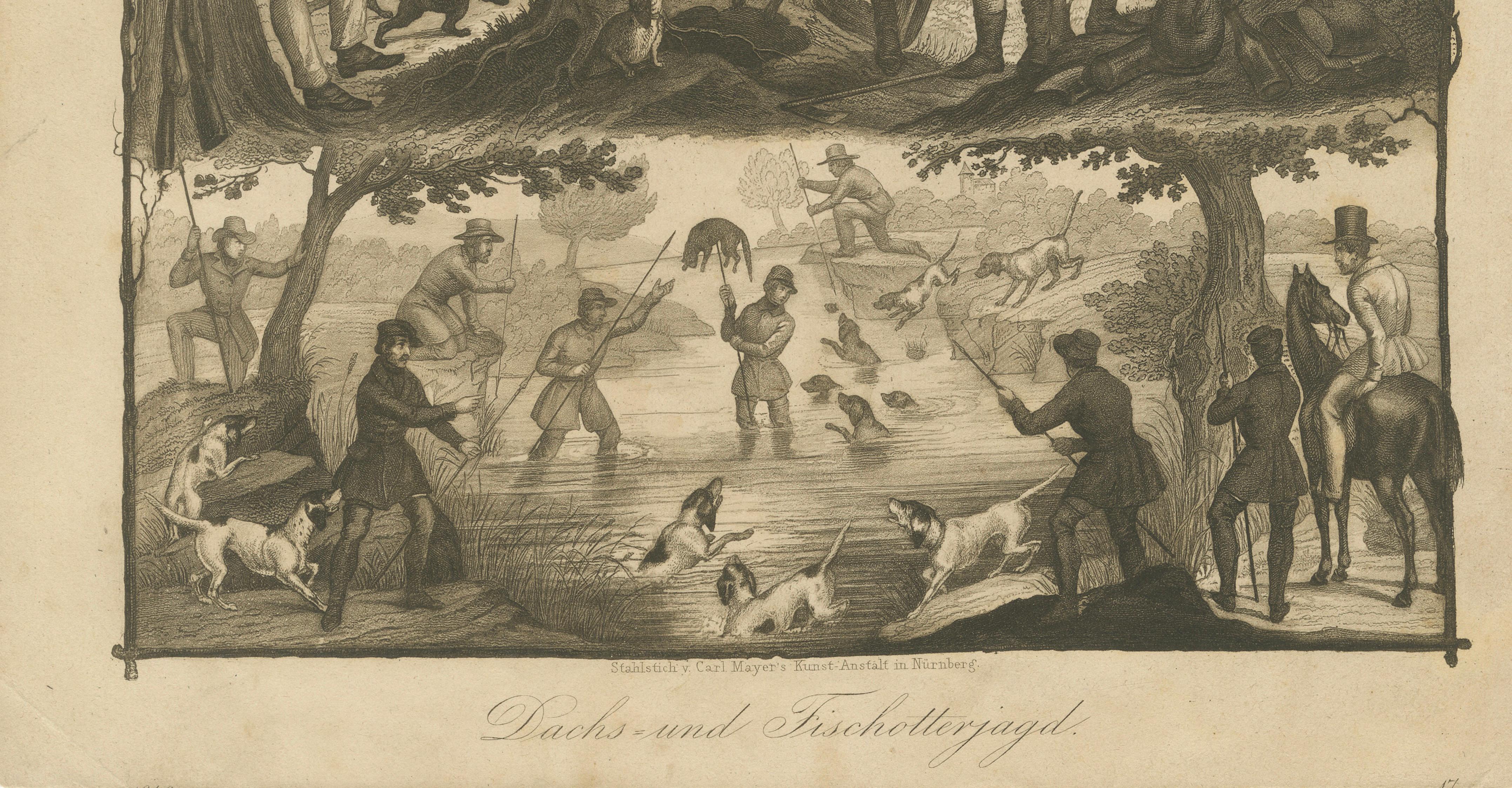 Paper Badger and Otter Hunt – Antique German Engraving, circa 1840 For Sale