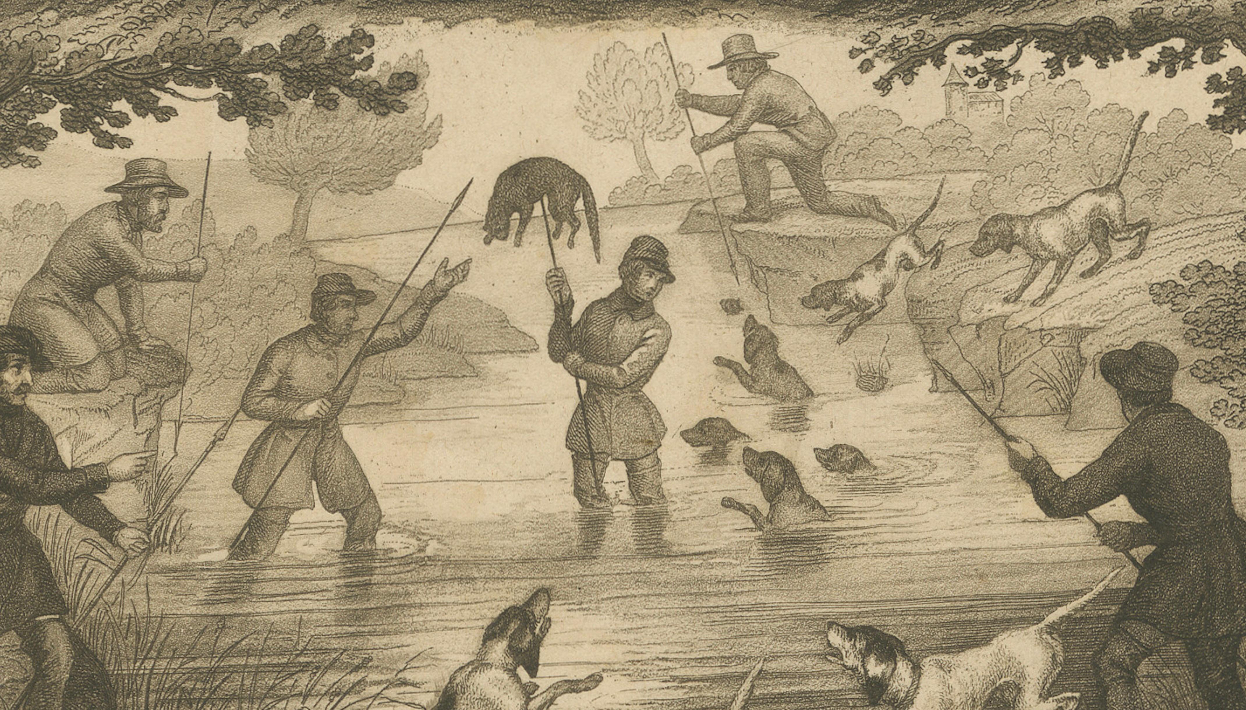 Badger and Otter Hunt – Antique German Engraving, circa 1840 For Sale 1