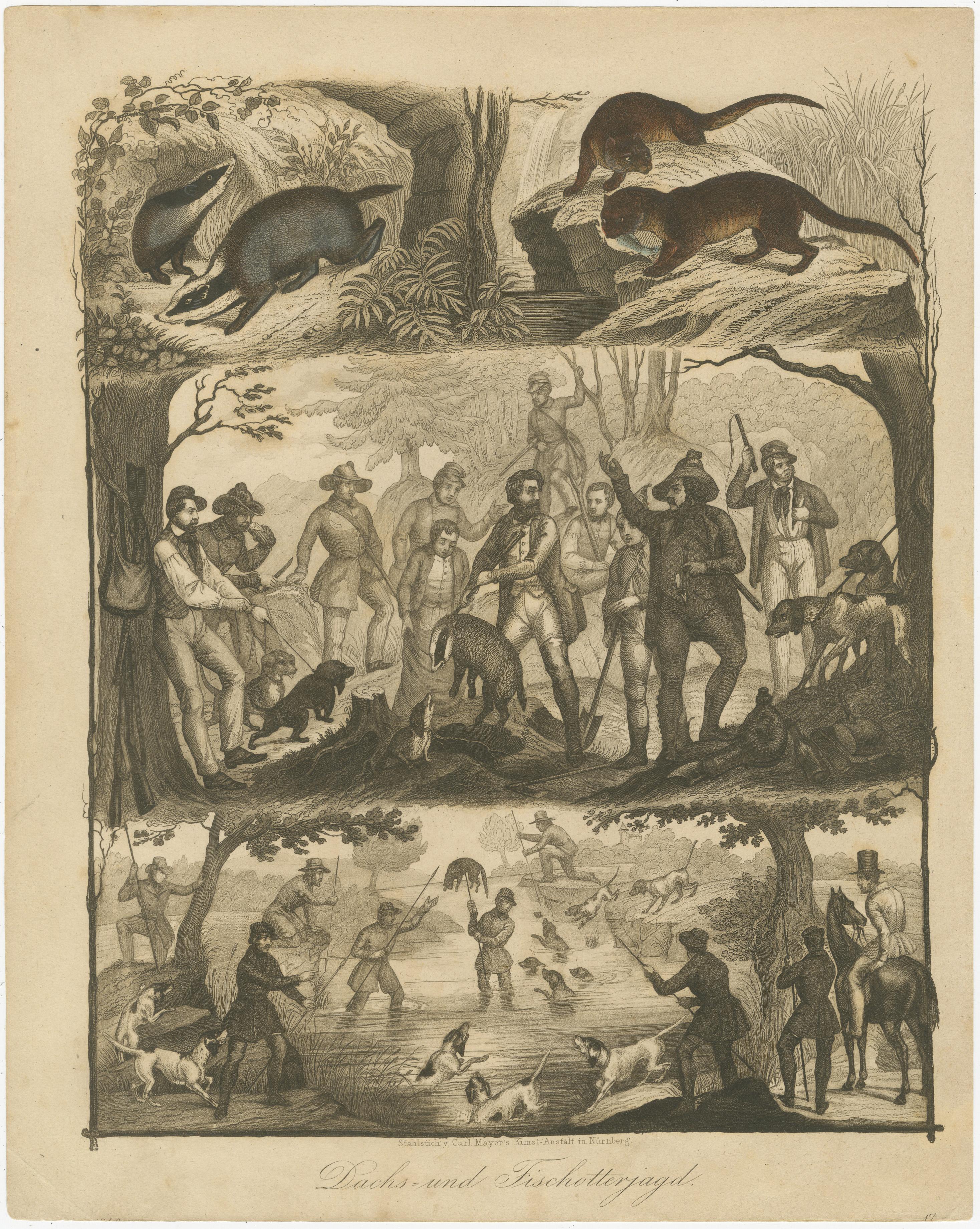 Badger and Otter Hunt – Antique German Engraving, circa 1840 For Sale 2