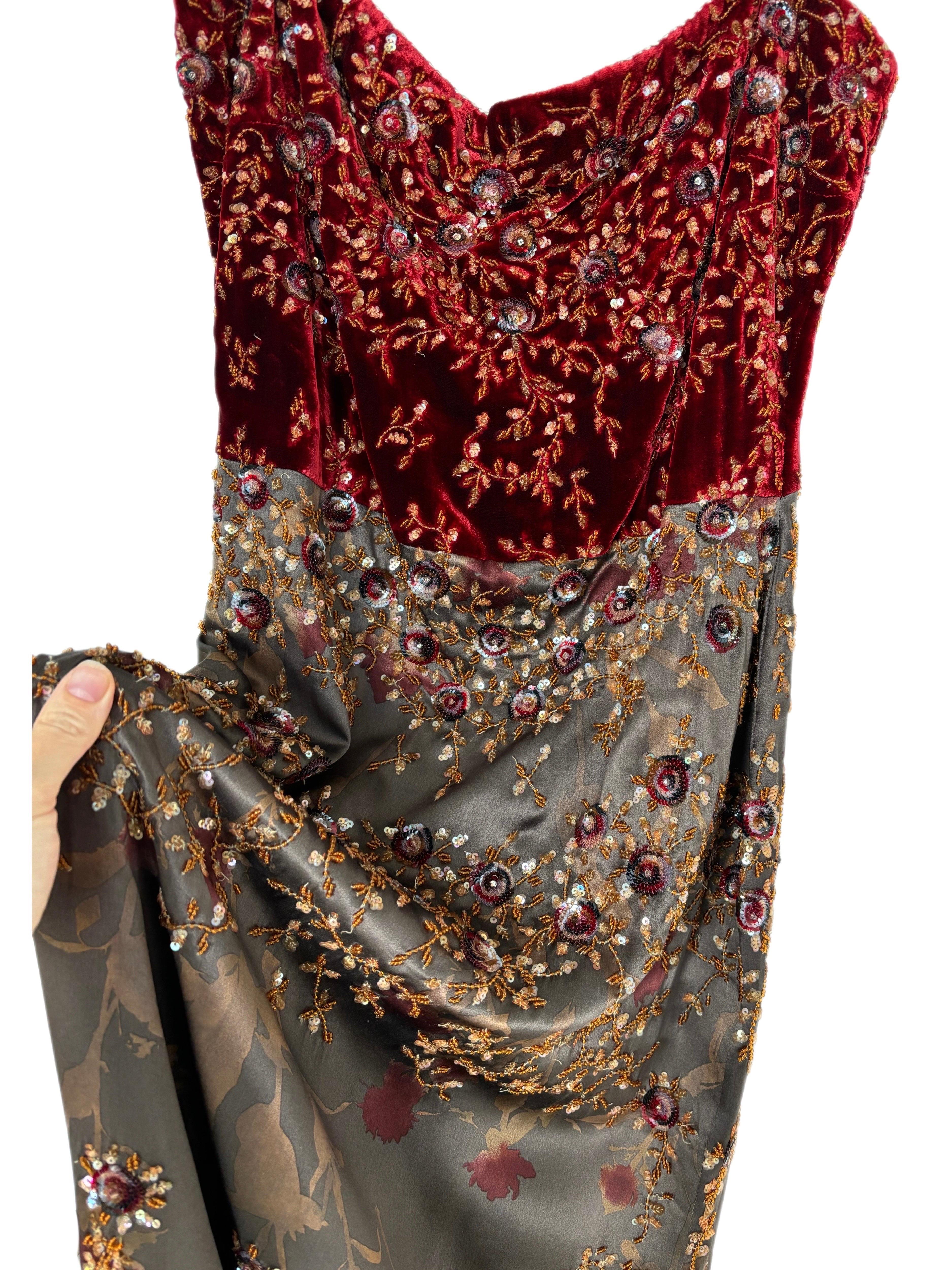 Women's BADGLEY MISCHKA 1999 Vintage Evening Gown Maxi Dress Silk Embellished Red Carpet
