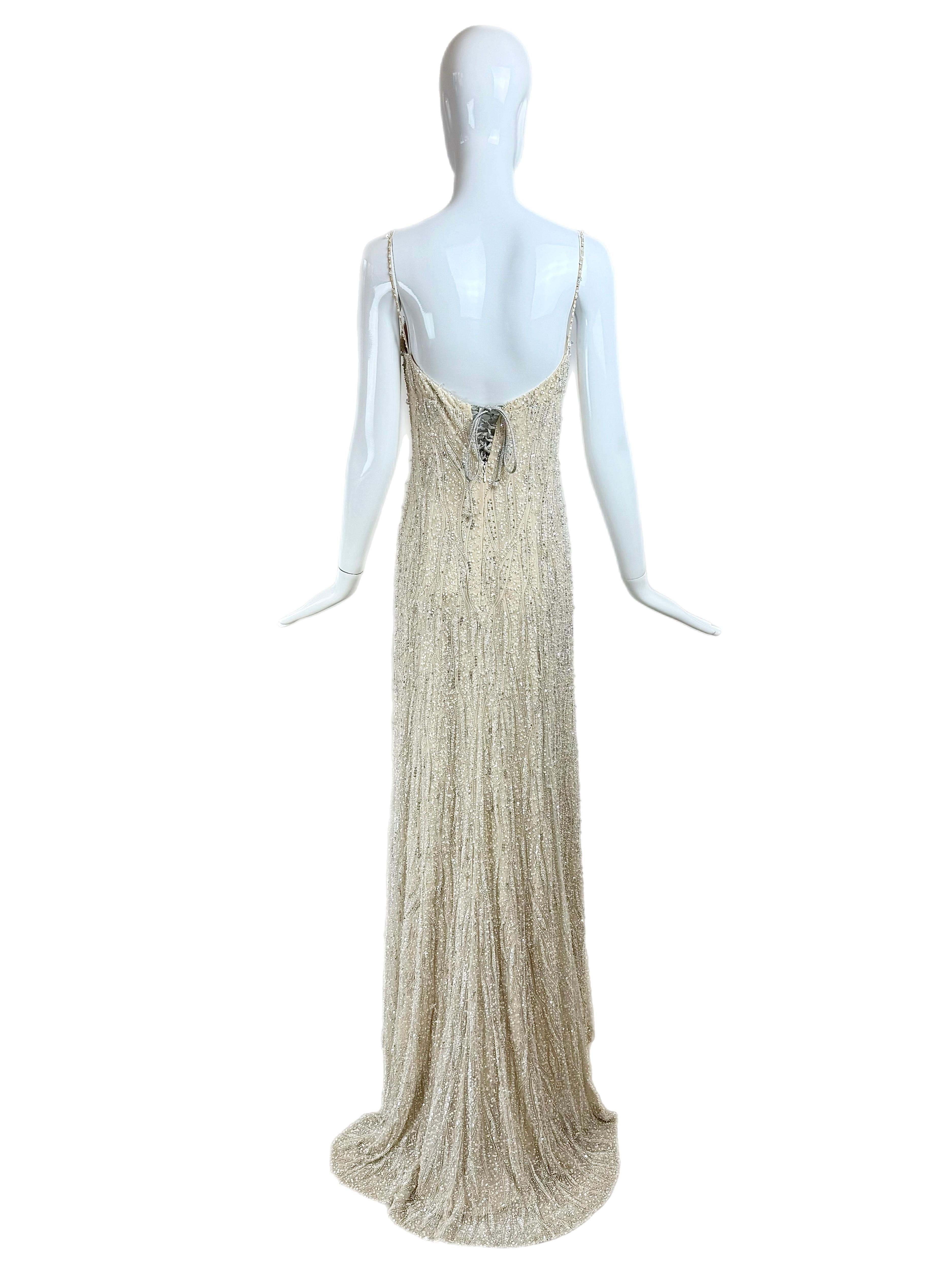 Beige BADGLEY MISCHKA 2009 Vintage Runway Beaded Bridal Gown Maxi Dress Embellished
