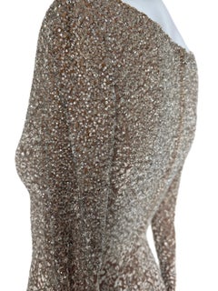 Vintage anni '90 Badgley Mischka, abito da sera lungo beige con molte perline, maxi vestito