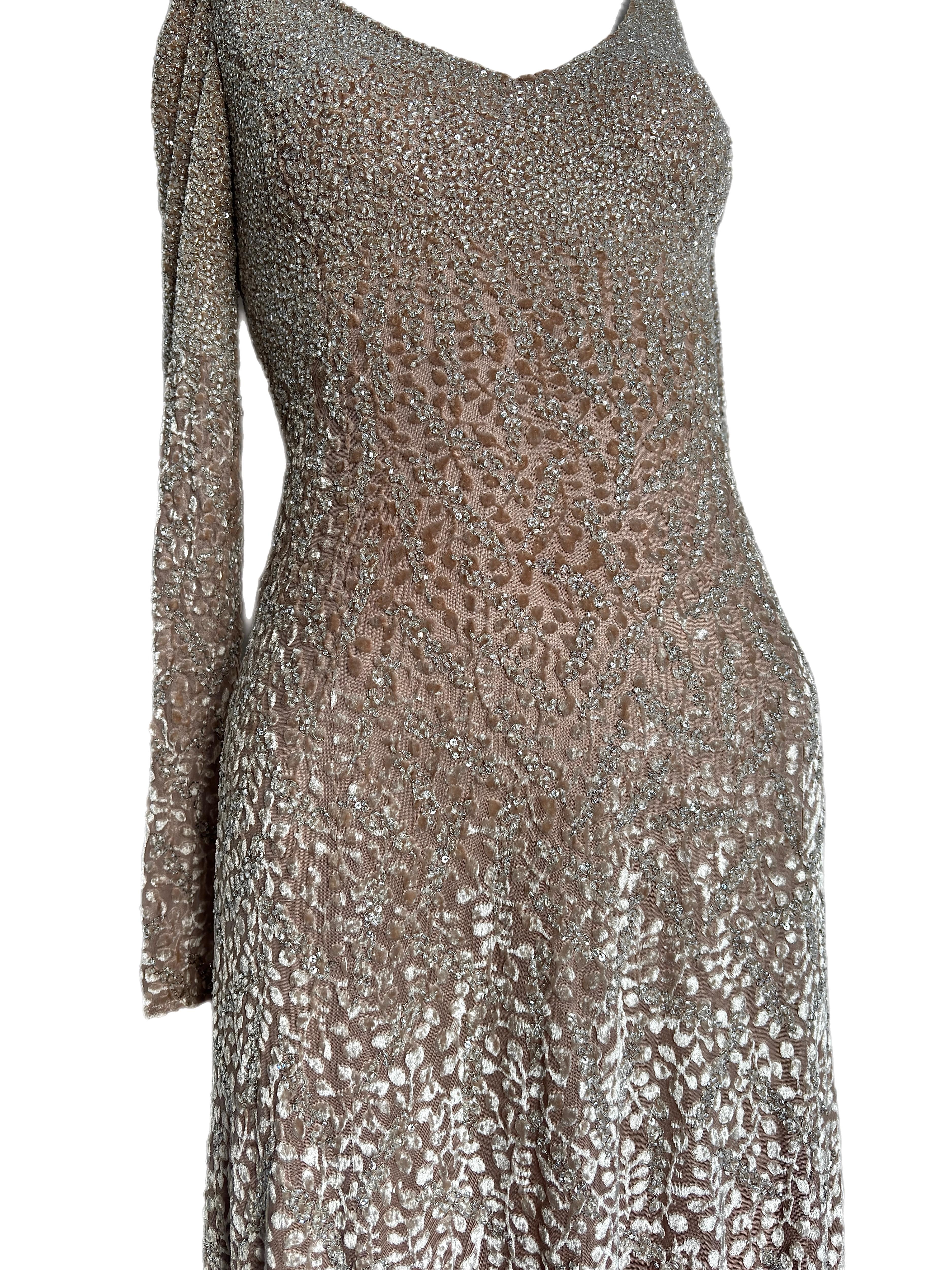 BADGLEY MISCHKA Años 90 Vintage maxi vestido de noche largo beige con muchas cuentas Beige en venta